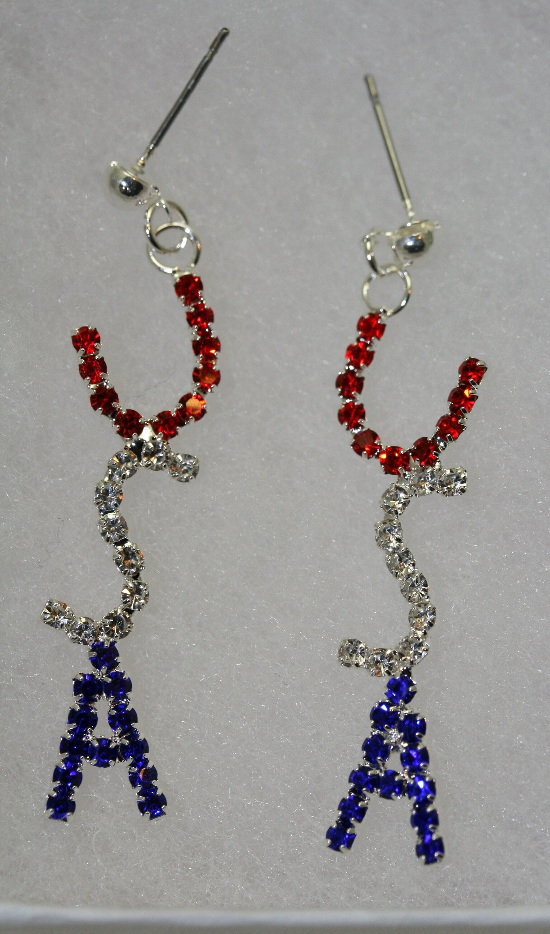 Rhinestone Patriotic Crystal USA Flag Post Dangle Earring Red White & Blue Letters