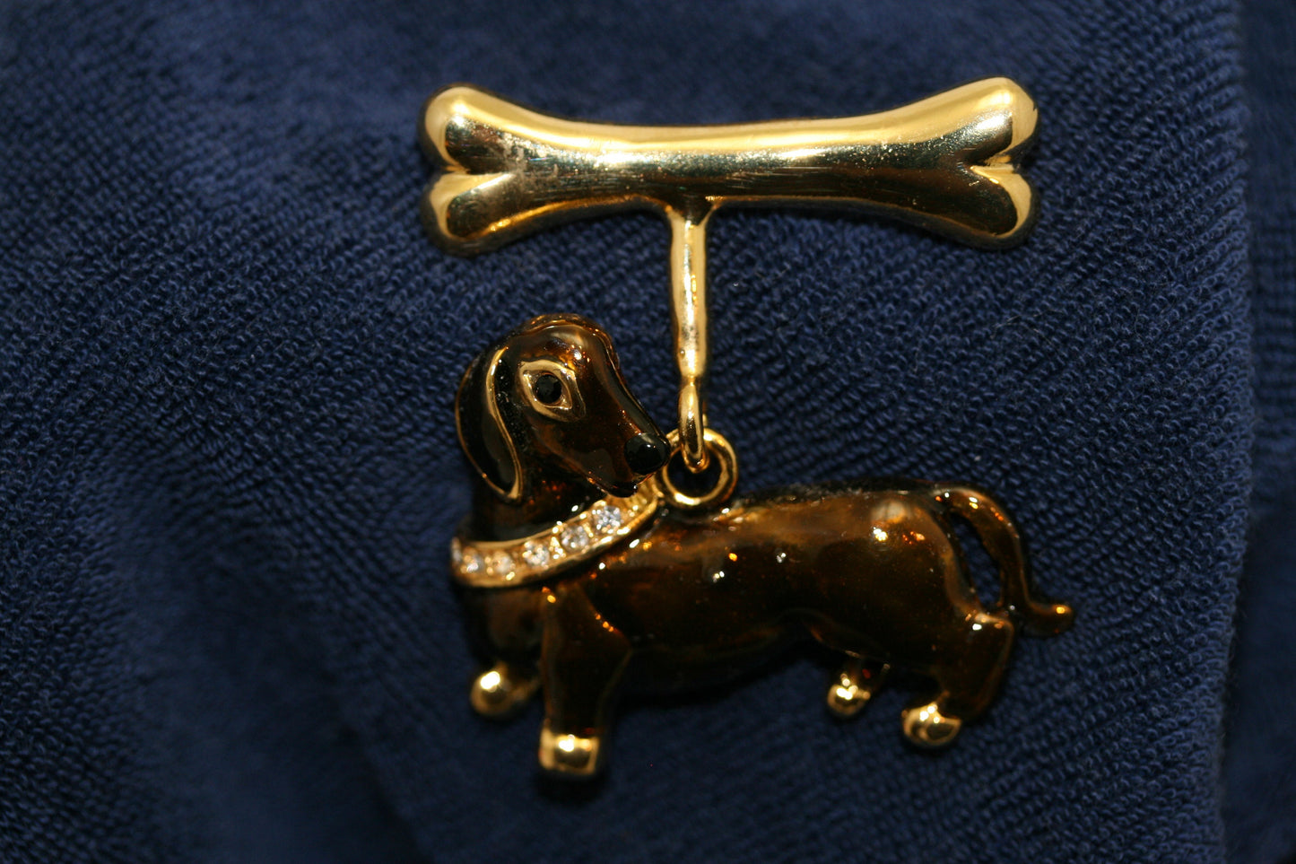 Vintage Dachshund Dog Enamel Pin Bone Wiener Rhinestone