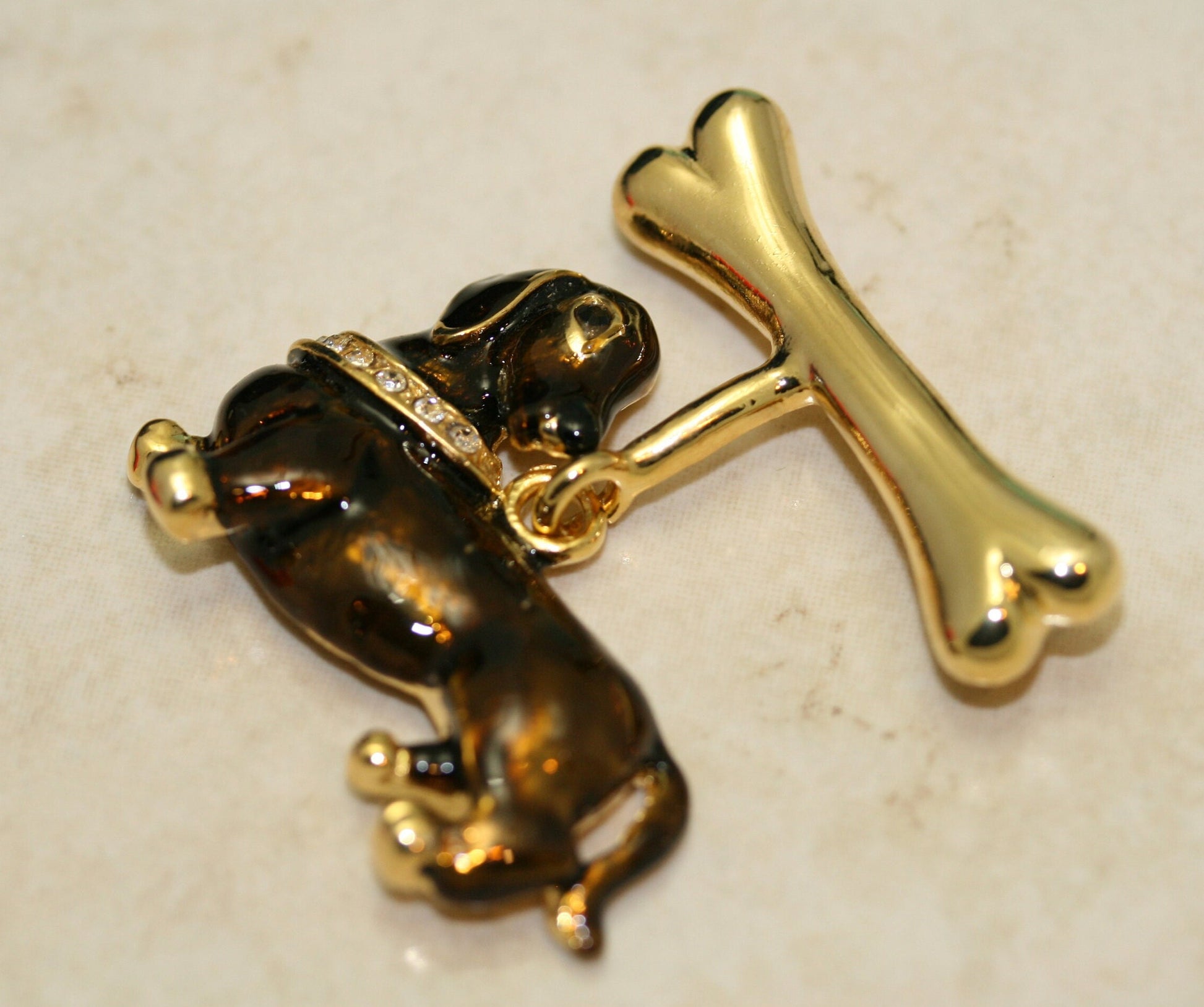 Vintage Dachshund Dog Enamel Pin Bone Wiener Rhinestone