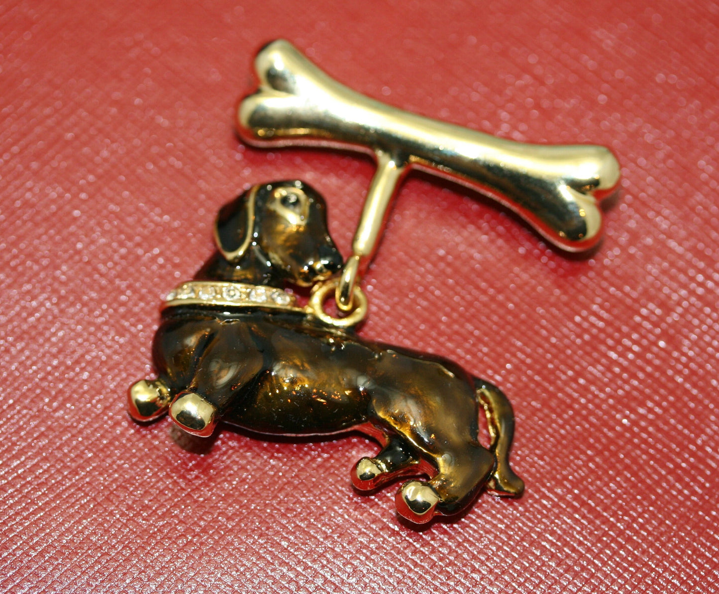 Vintage Dachshund Dog Enamel Pin Bone Wiener Rhinestone