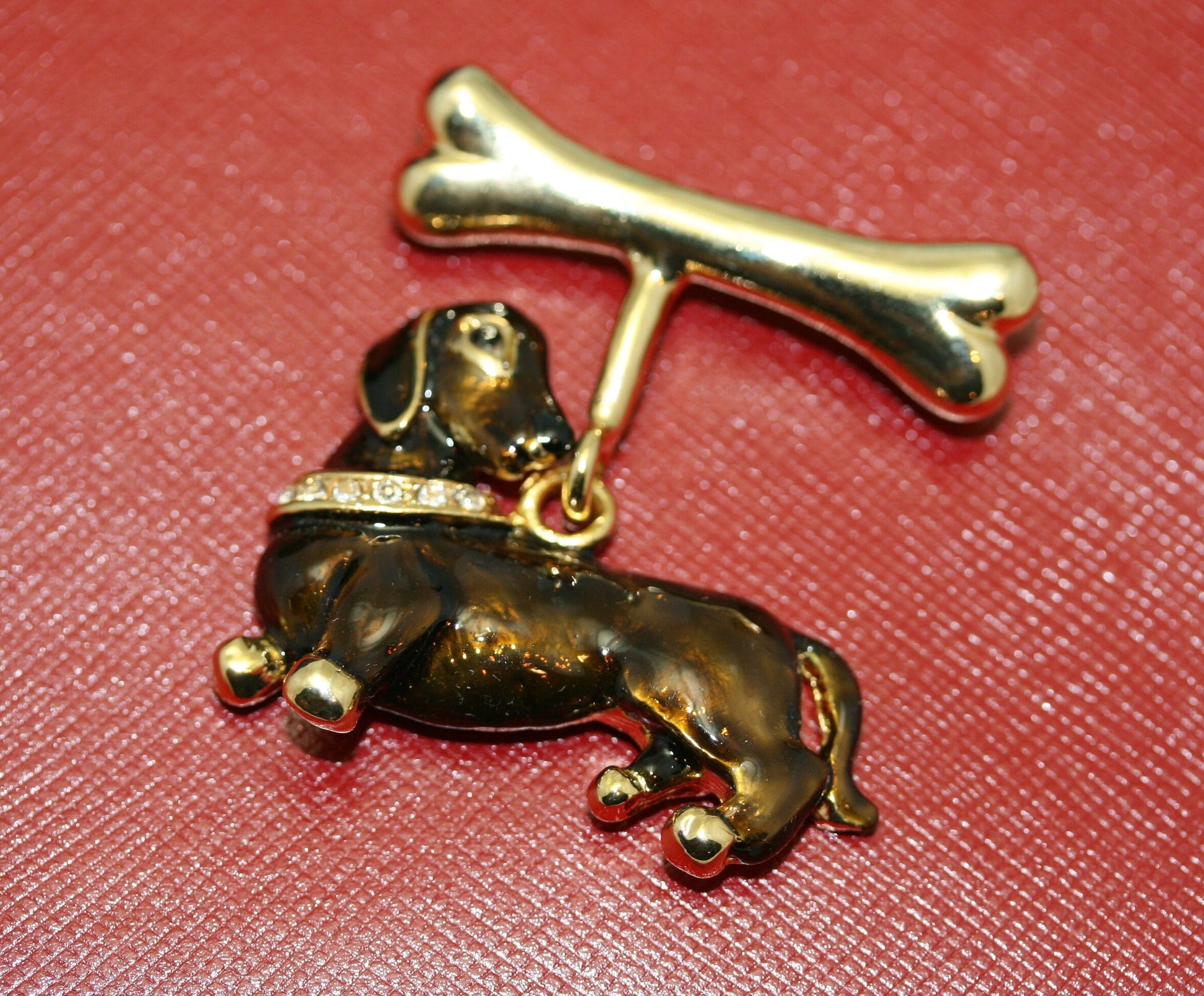 Vintage Dachshund Dog Enamel Pin Bone Wiener Rhinestone