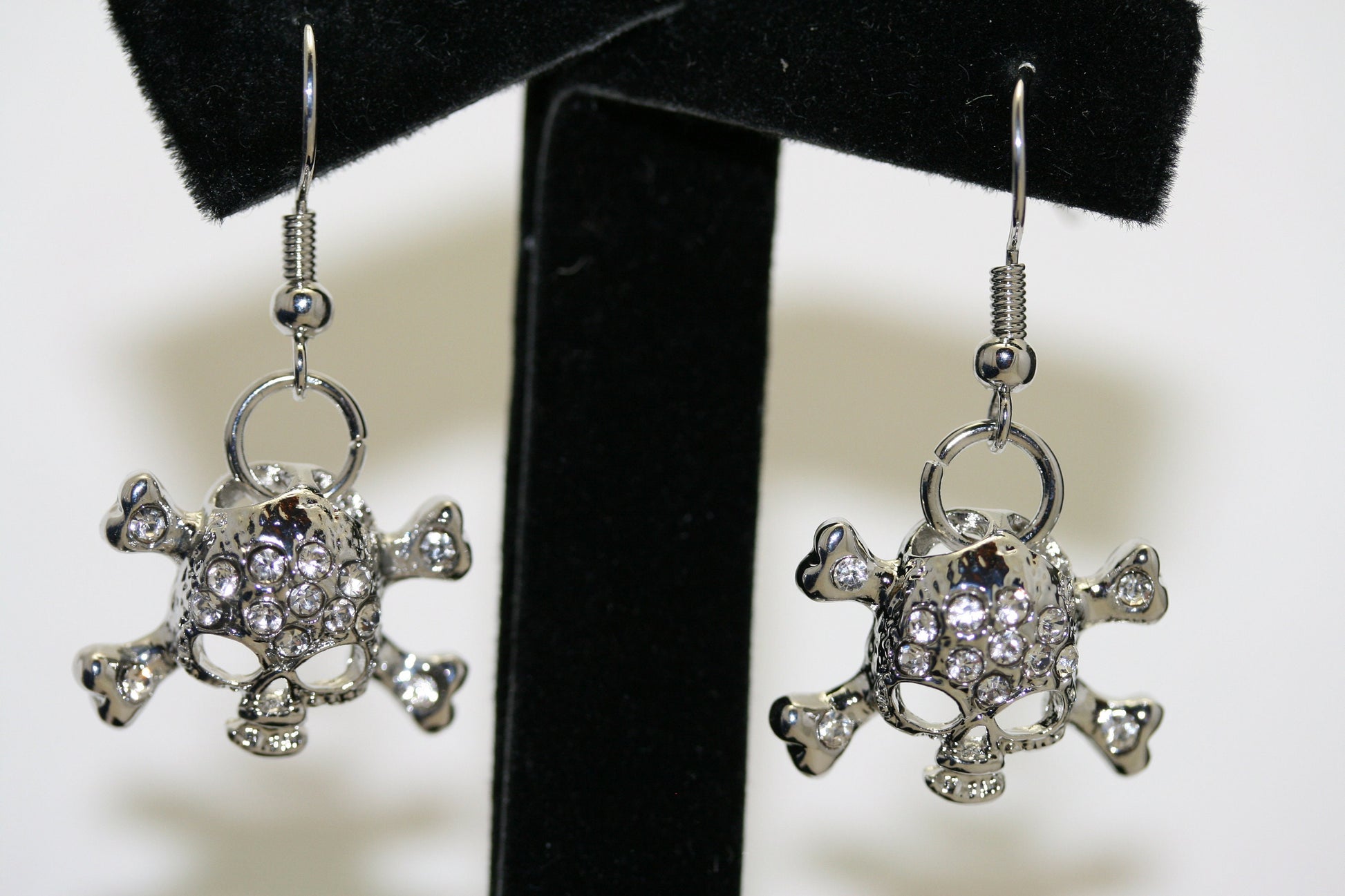 Vintage Rhinestone Antique Silver Skull & Crossbones Earrings for Pierced Ears Pirate Themed