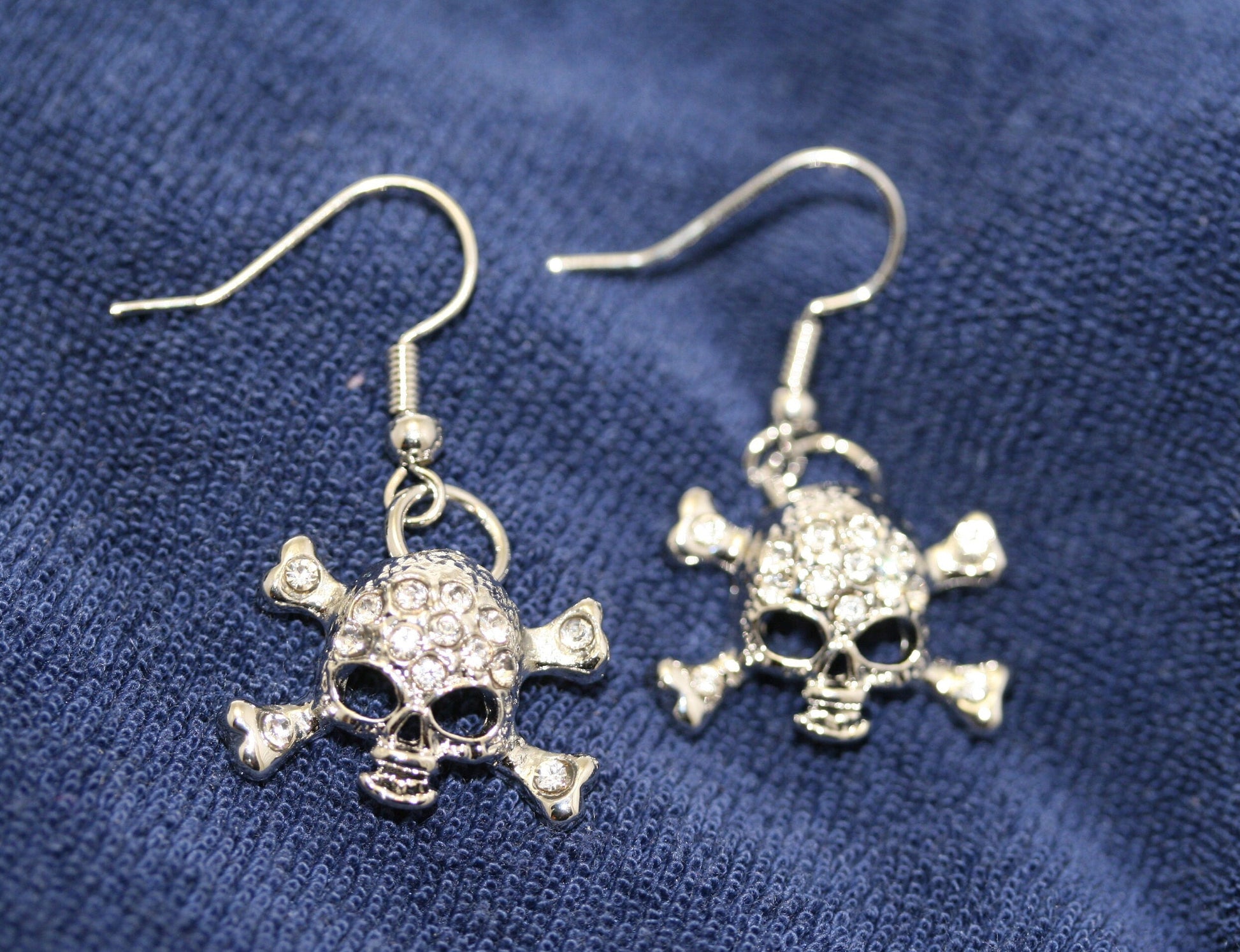 Vintage Rhinestone Antique Silver Skull & Crossbones Earrings for Pierced Ears Pirate Themed