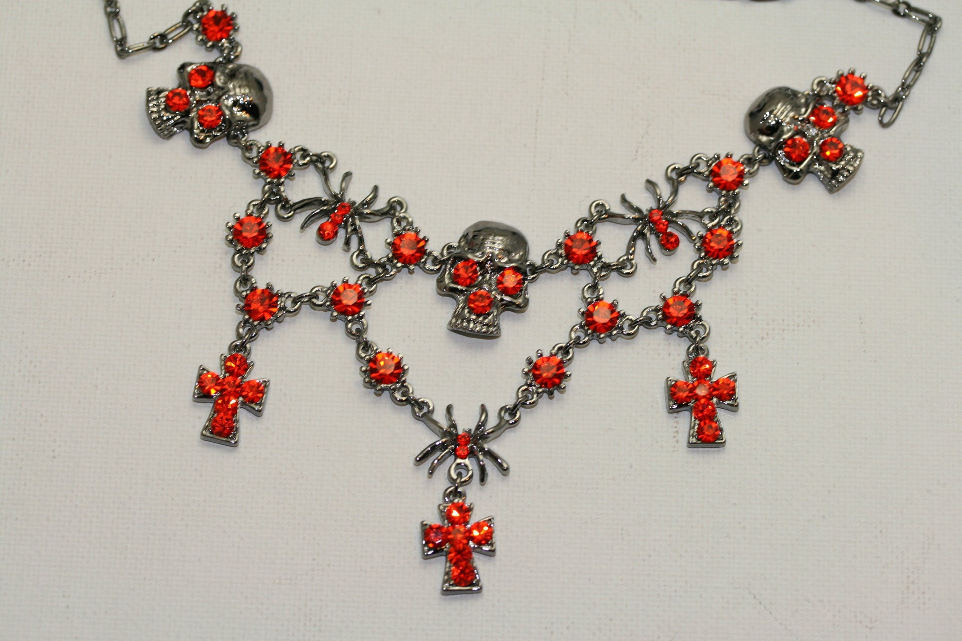 Halloween Rhinestone Spider Skull Choker Necklace Vintage Cross Jewelry