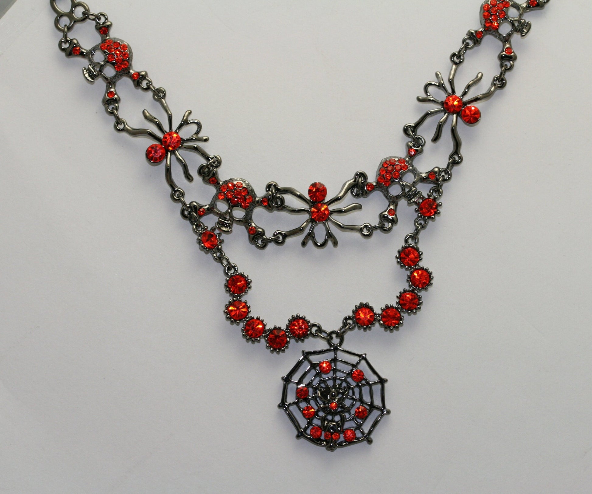 Vintage Halloween Rhinestone Spider, Web, Skull Choker Necklace Jewelry