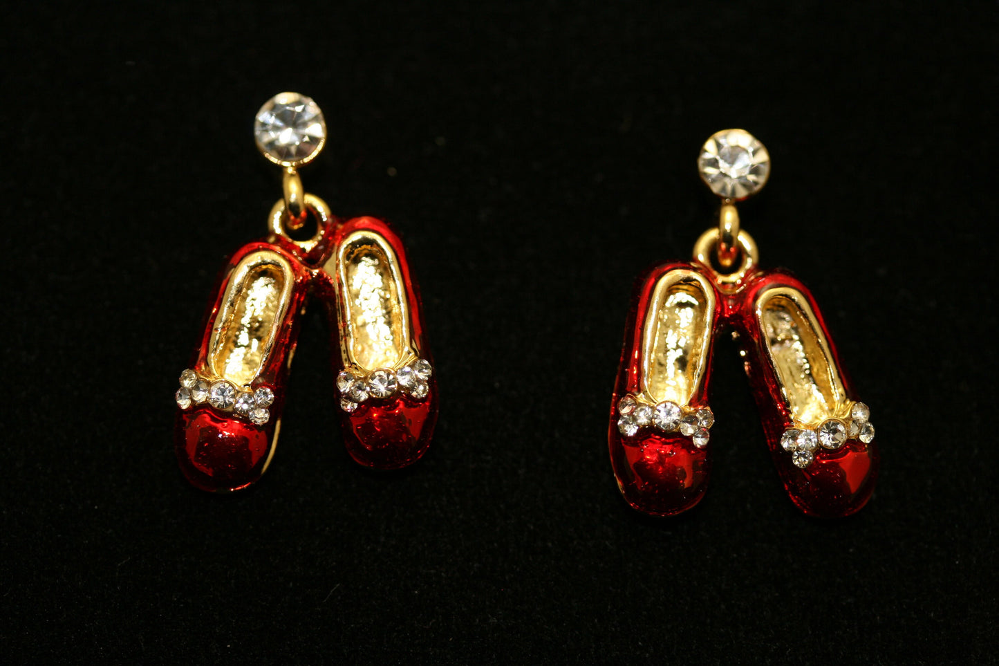 Rhinestone Ruby Slipper Red Enameled Post Earrings Ruby Red Slippers Crystal Sparkle Wizard Of Oz Style