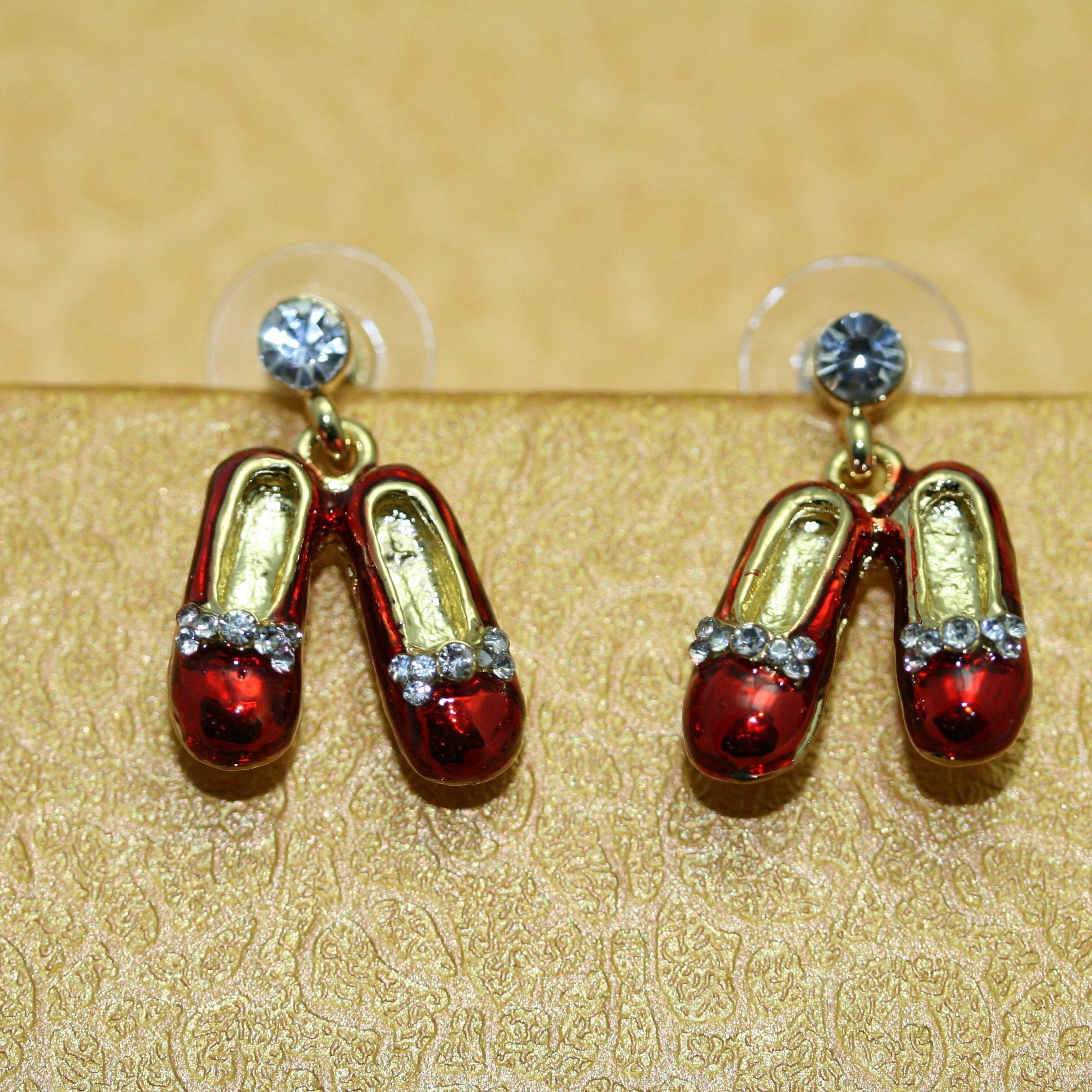 Rhinestone Ruby Slipper Red Enameled Post Earrings Ruby Red Slippers Crystal Sparkle Wizard Of Oz Style