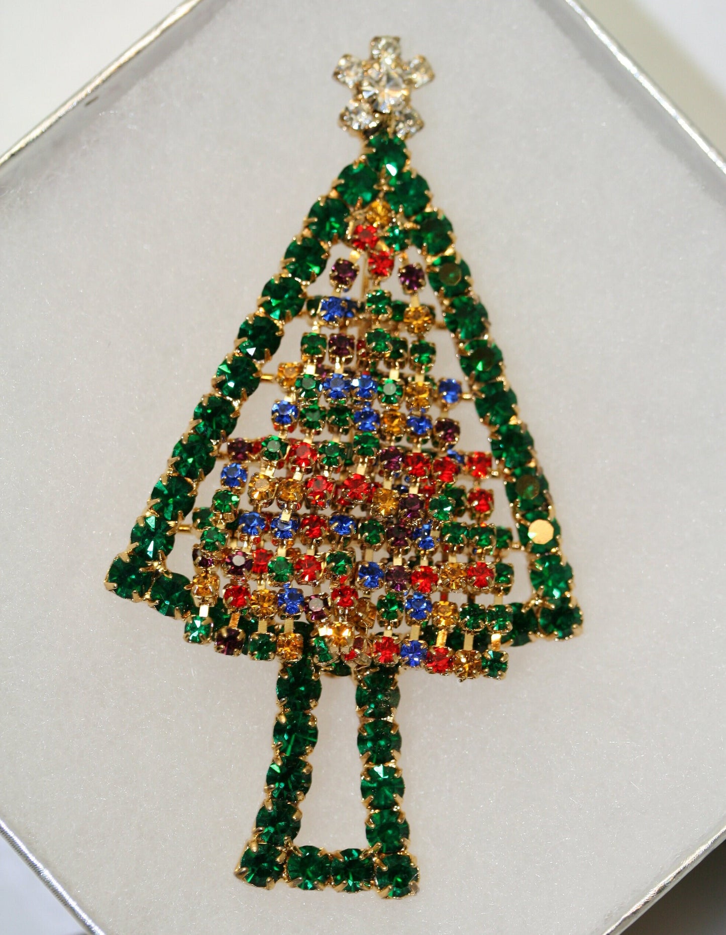 Vintage Rhinestone Prong-set Christmas Tree Brooch Pin, Holiday Christmas Jewelry