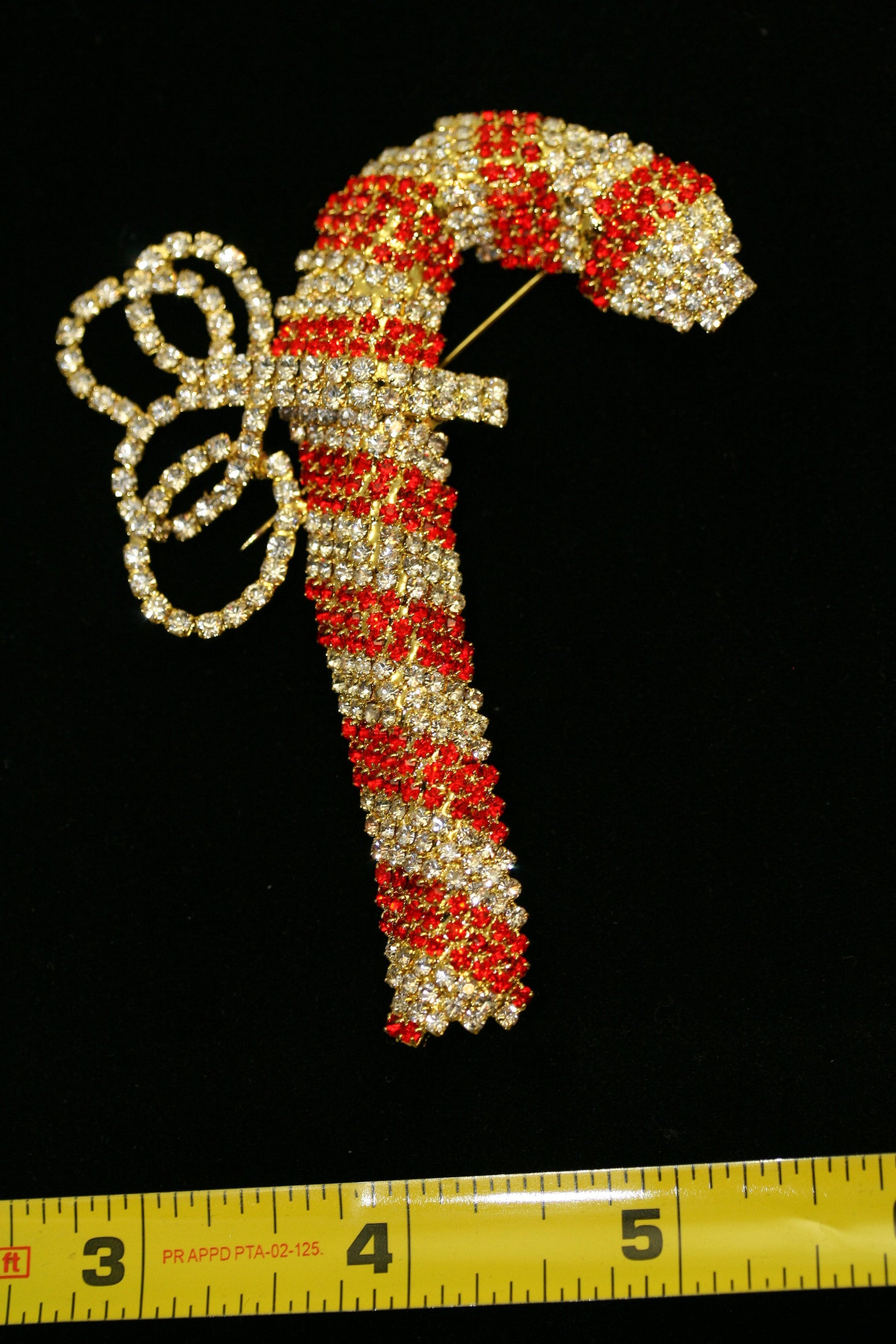 Vintage Christmas Candy Cane Brooch Pin, Prong Set Rhinestone Bow Holiday Christmas Candy Can Brooch Pin Christmas Jewelry
