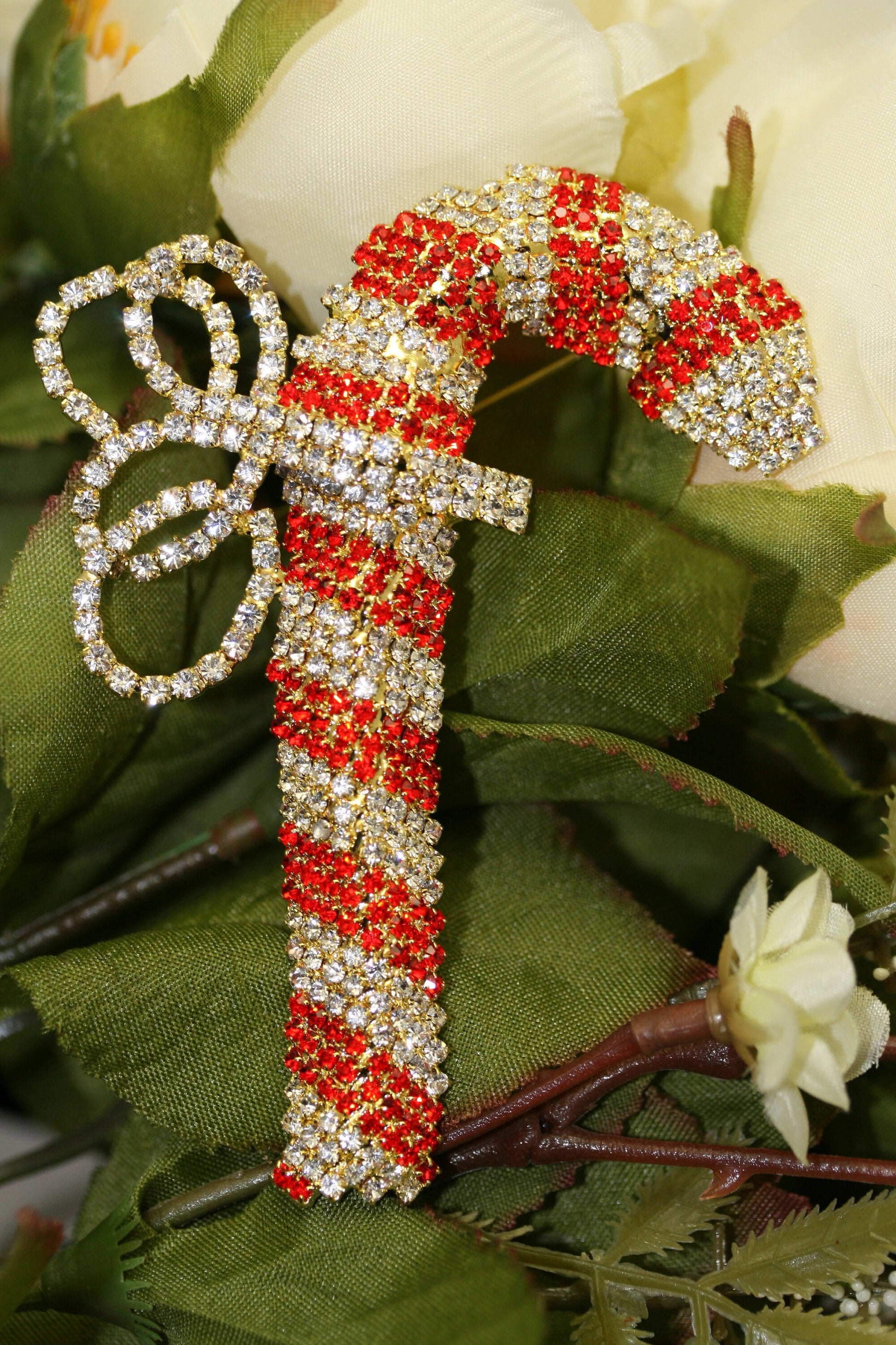 Vintage Christmas Candy Cane Brooch Pin, Prong Set Rhinestone Bow Holiday Christmas Candy Can Brooch Pin Christmas Jewelry