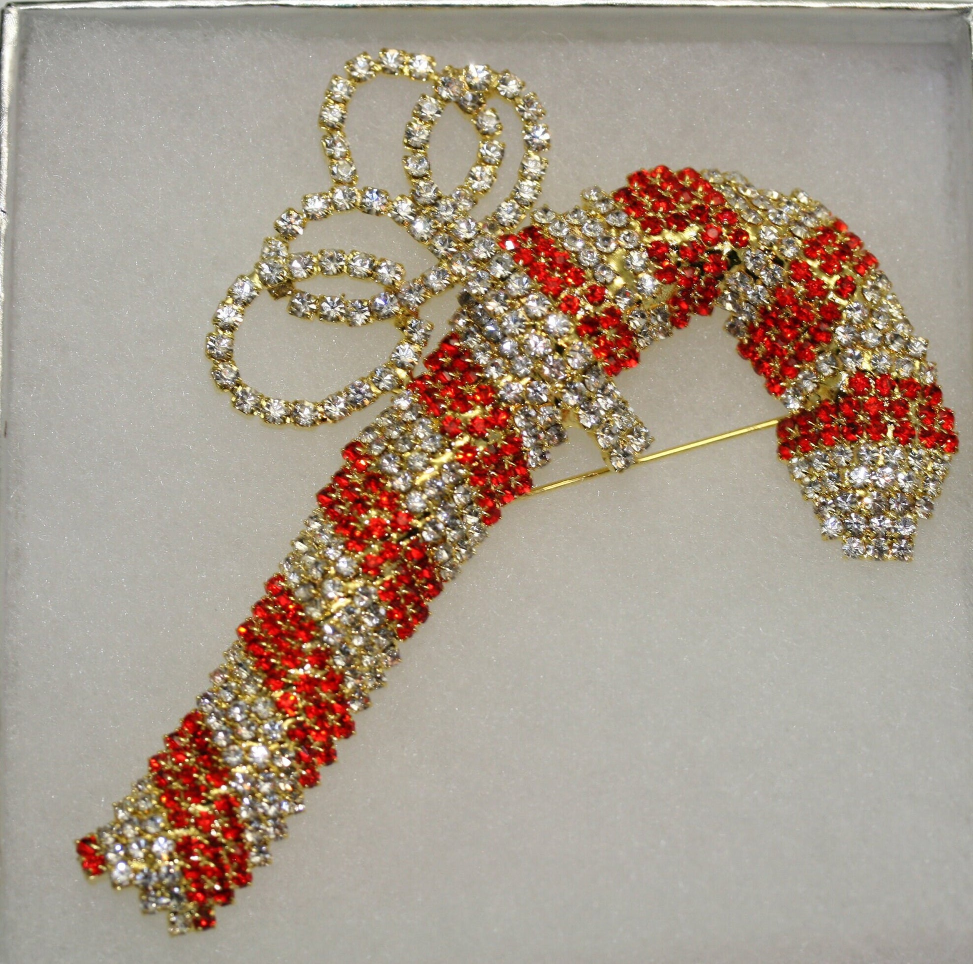 Vintage Christmas Candy Cane Brooch Pin, Prong Set Rhinestone Bow Holiday Christmas Candy Can Brooch Pin Christmas Jewelry