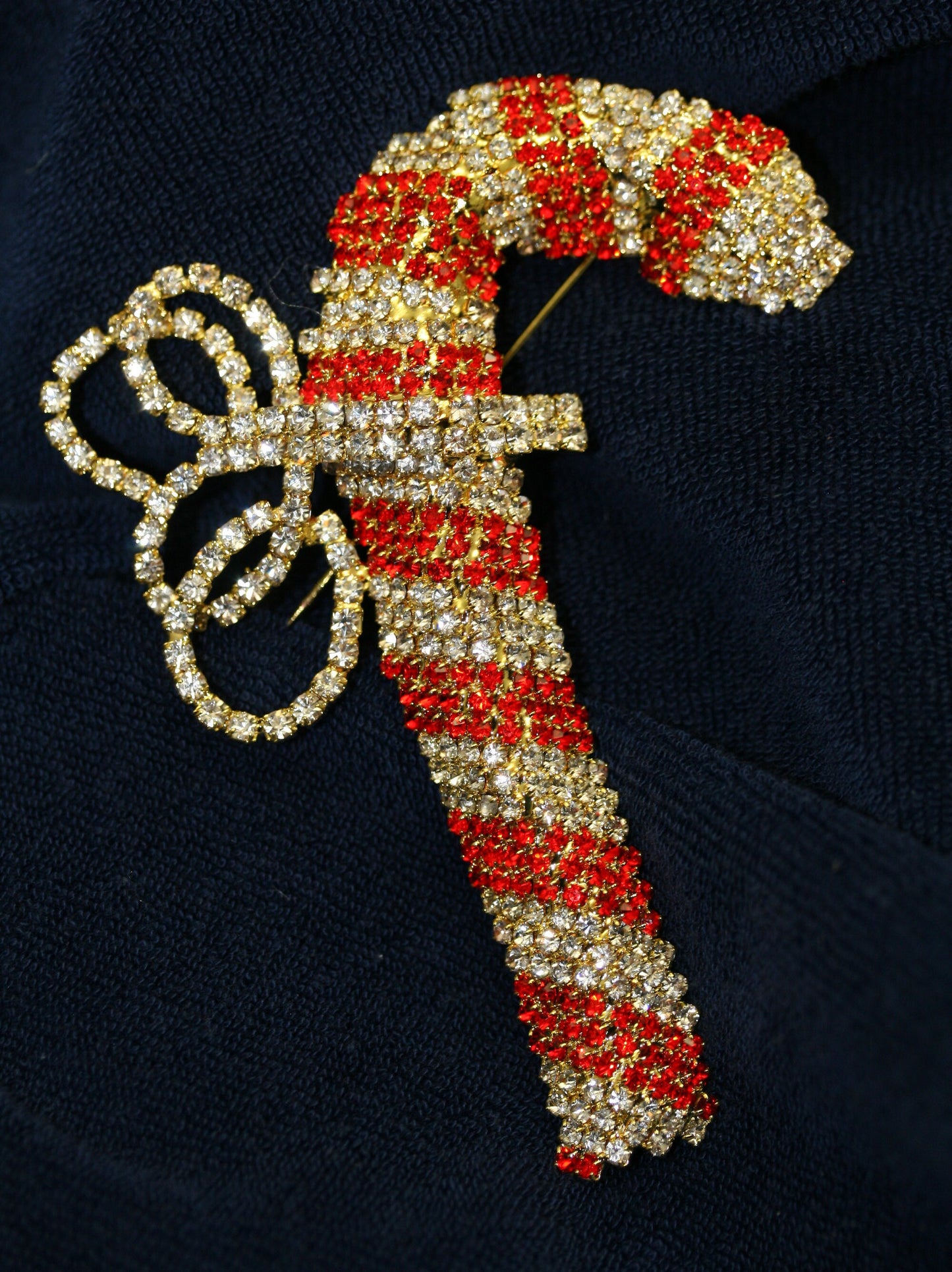 Vintage Christmas Candy Cane Brooch Pin, Prong Set Rhinestone Bow Holiday Christmas Candy Can Brooch Pin Christmas Jewelry