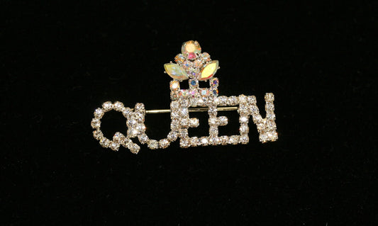 Fashion Women Silver Clear Rhinestone Queen Letter Crown Shape Decor Brooch Pin Jewelry Gift