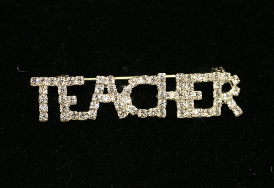 Clear Rhinestone Silver-Plated "TEACHER" Brooch Pin， Word Teacher Pin