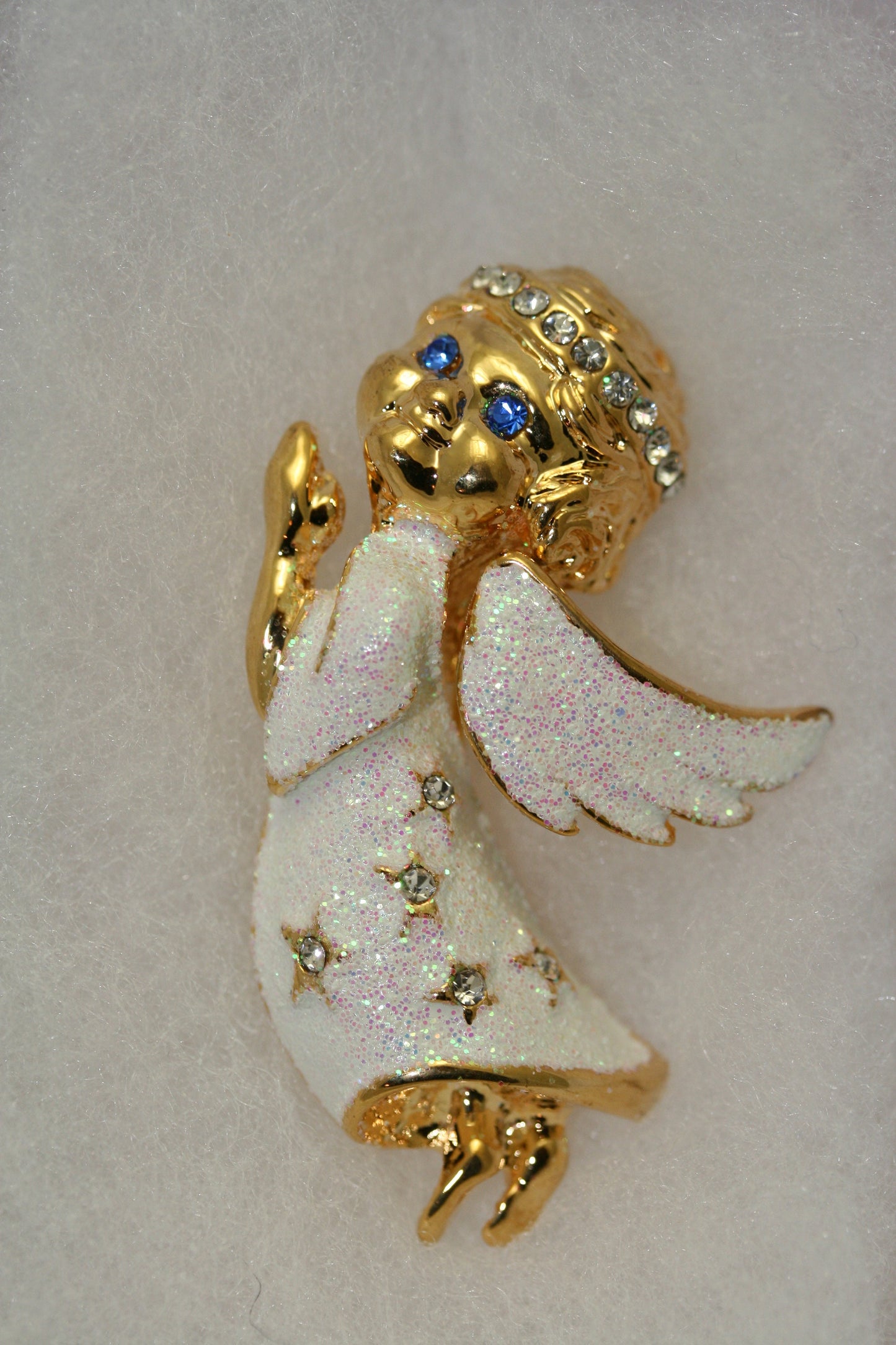 Gold Angel Brooch Pin, Rhinestone Angel with Halo Glitter White Dress Wings Brooch Pin, Costume Jewelry
