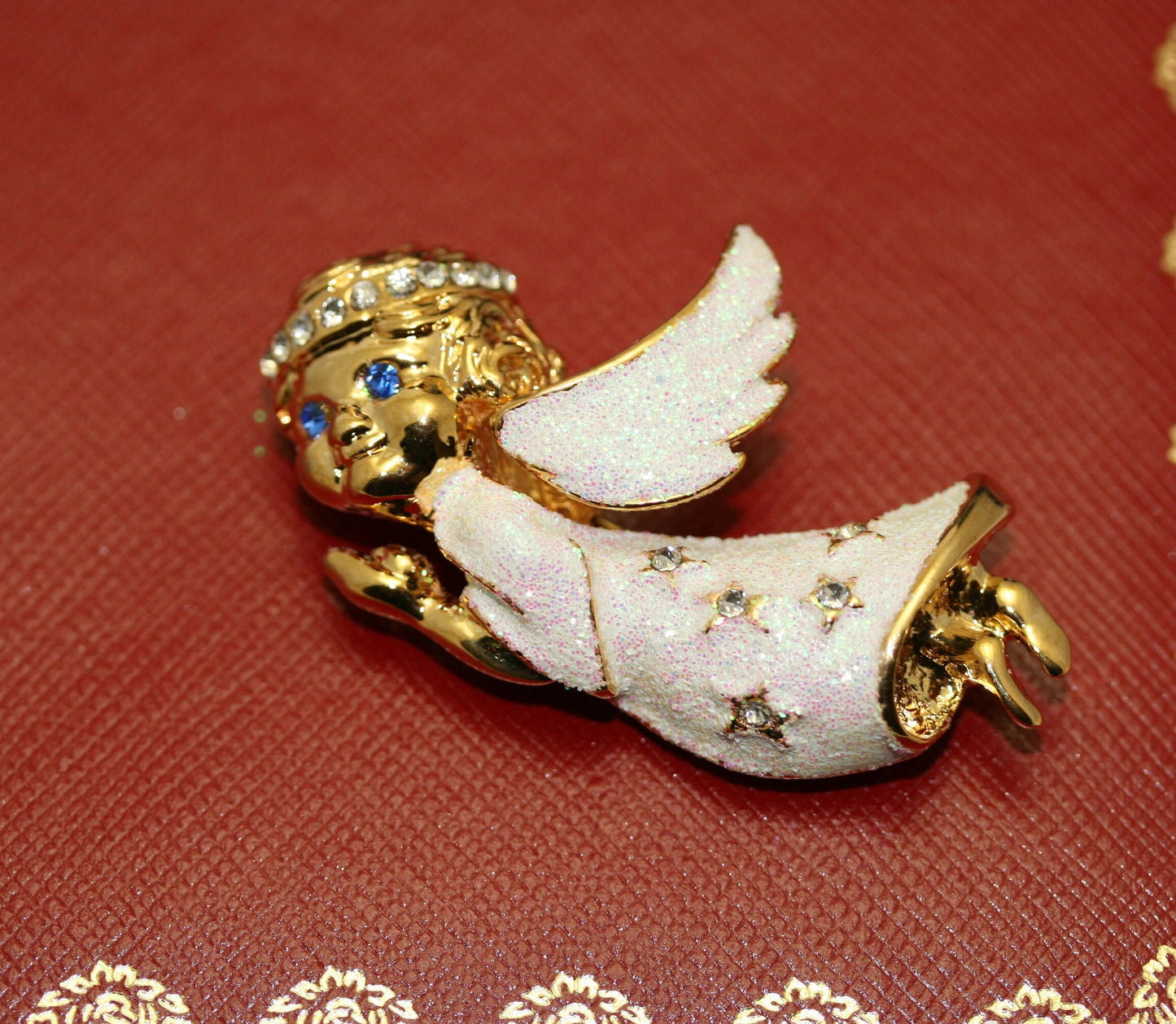 Gold Angel Brooch Pin, Rhinestone Angel with Halo Glitter White Dress Wings Brooch Pin, Costume Jewelry