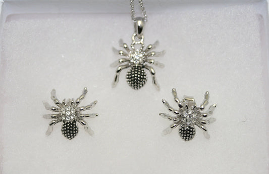 Halloween Insect Silver Tone Metal with Rhinestones Spider Charms Necklace And Earring Jewelry Set
