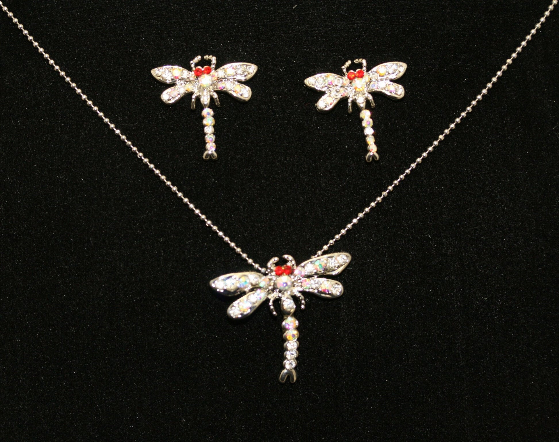 Insect Jewelry Sets for Bride Silver Dragonfly Pendant Necklace Rhinestone Post Earrings for Women