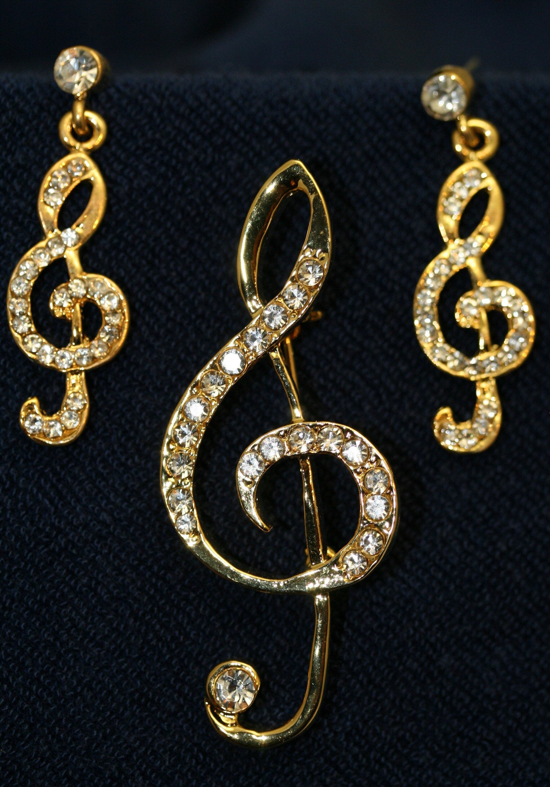 Rhinestone Music Note Brooch/pin With Matching Post Dangle Earring, Gold Music Note Jewelry Set