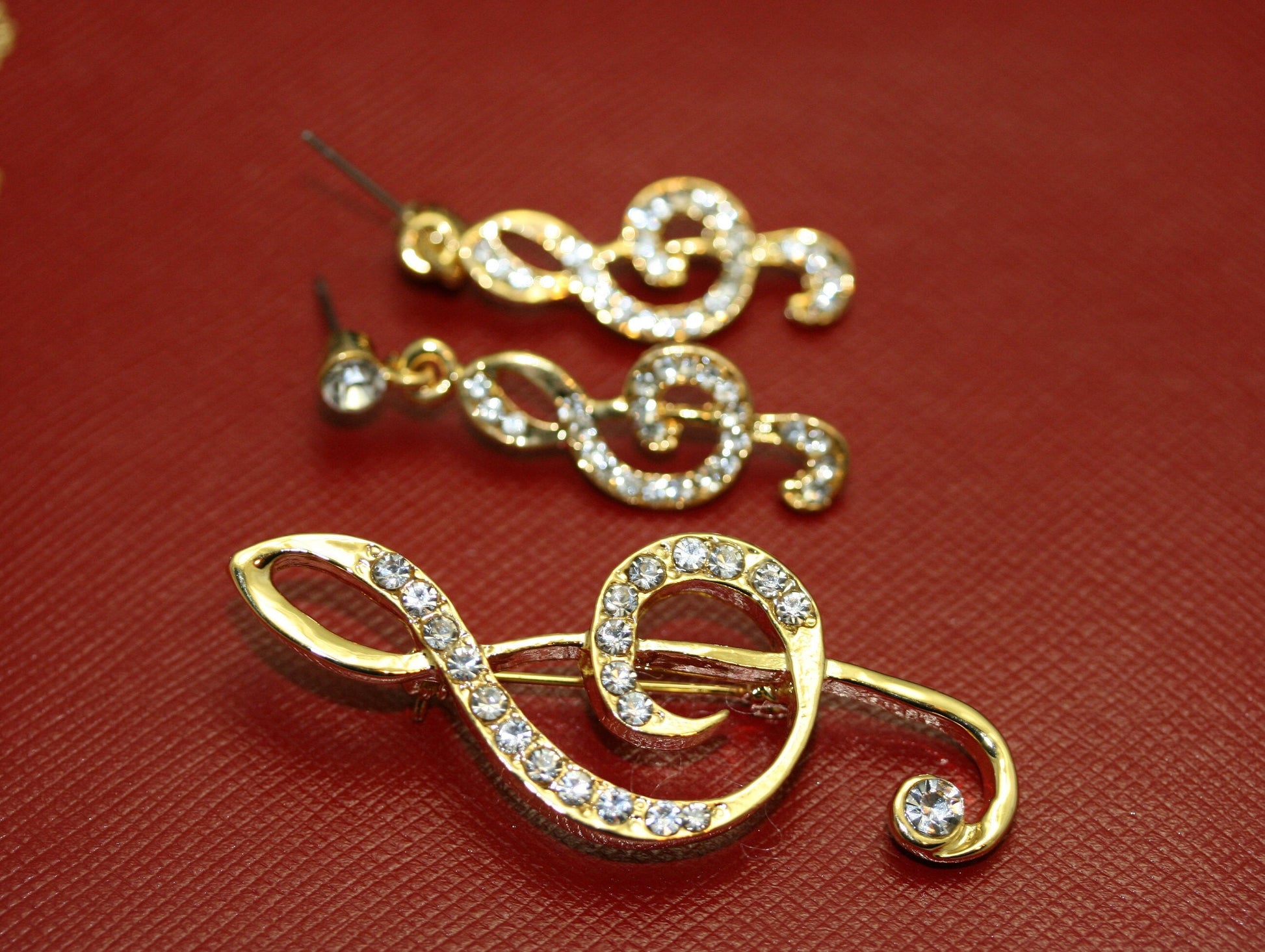 Rhinestone Music Note Brooch/pin With Matching Post Dangle Earring, Gold Music Note Jewelry Set