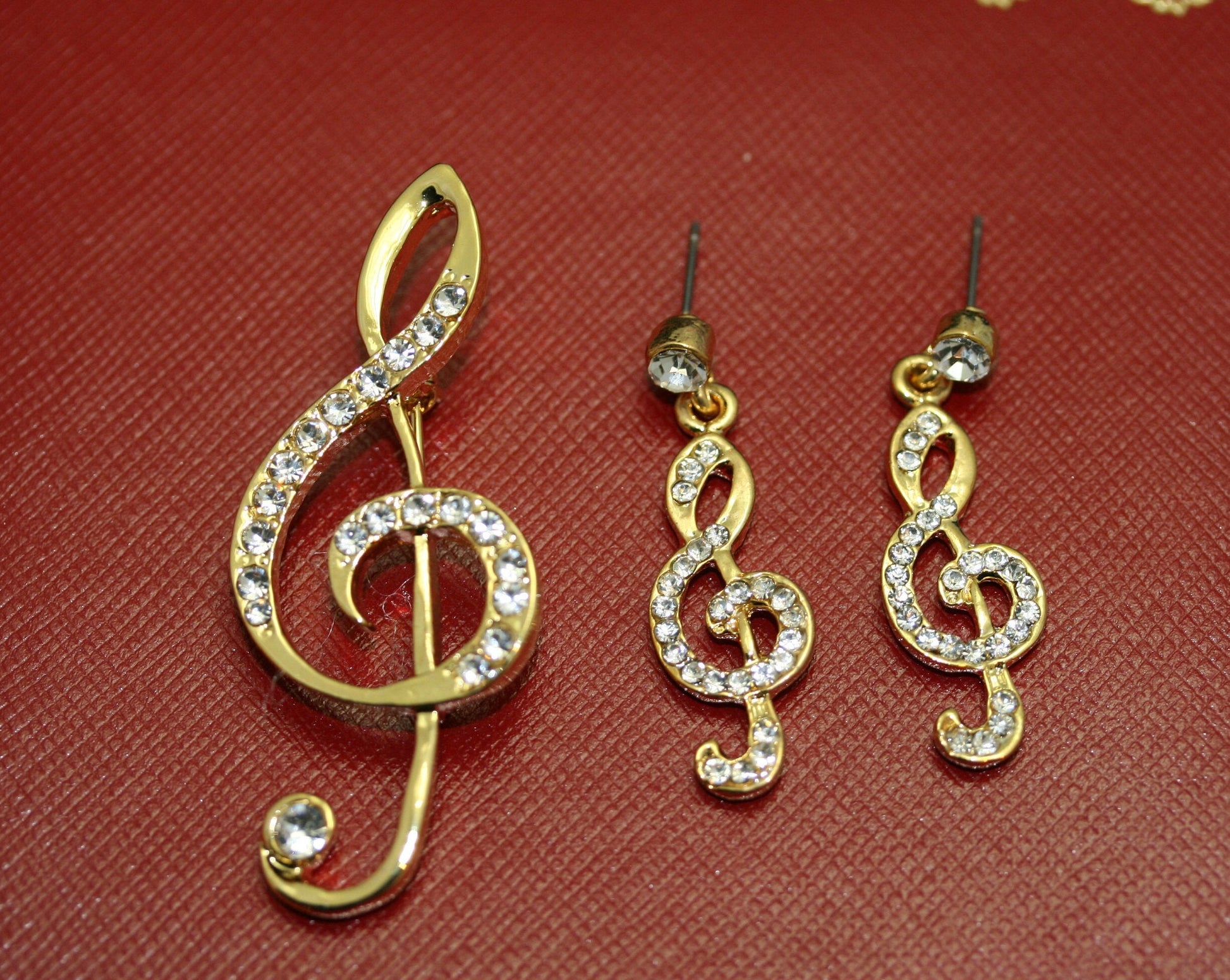 Rhinestone Music Note Brooch/pin With Matching Post Dangle Earring, Gold Music Note Jewelry Set