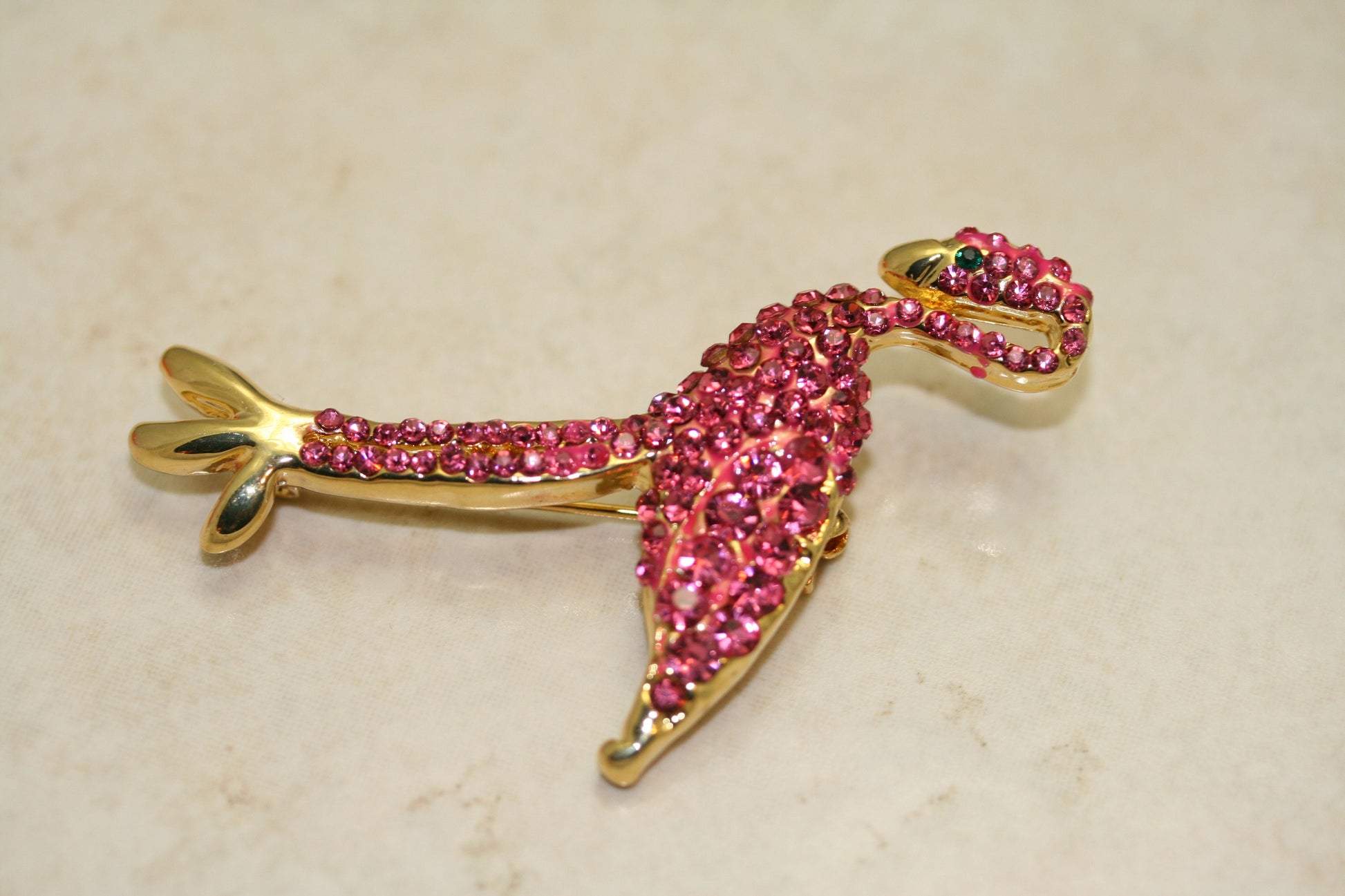 Vintage Large Gold Tone Pink Rhinestone Flamingo Pin Brooch, Holiday Jewerly