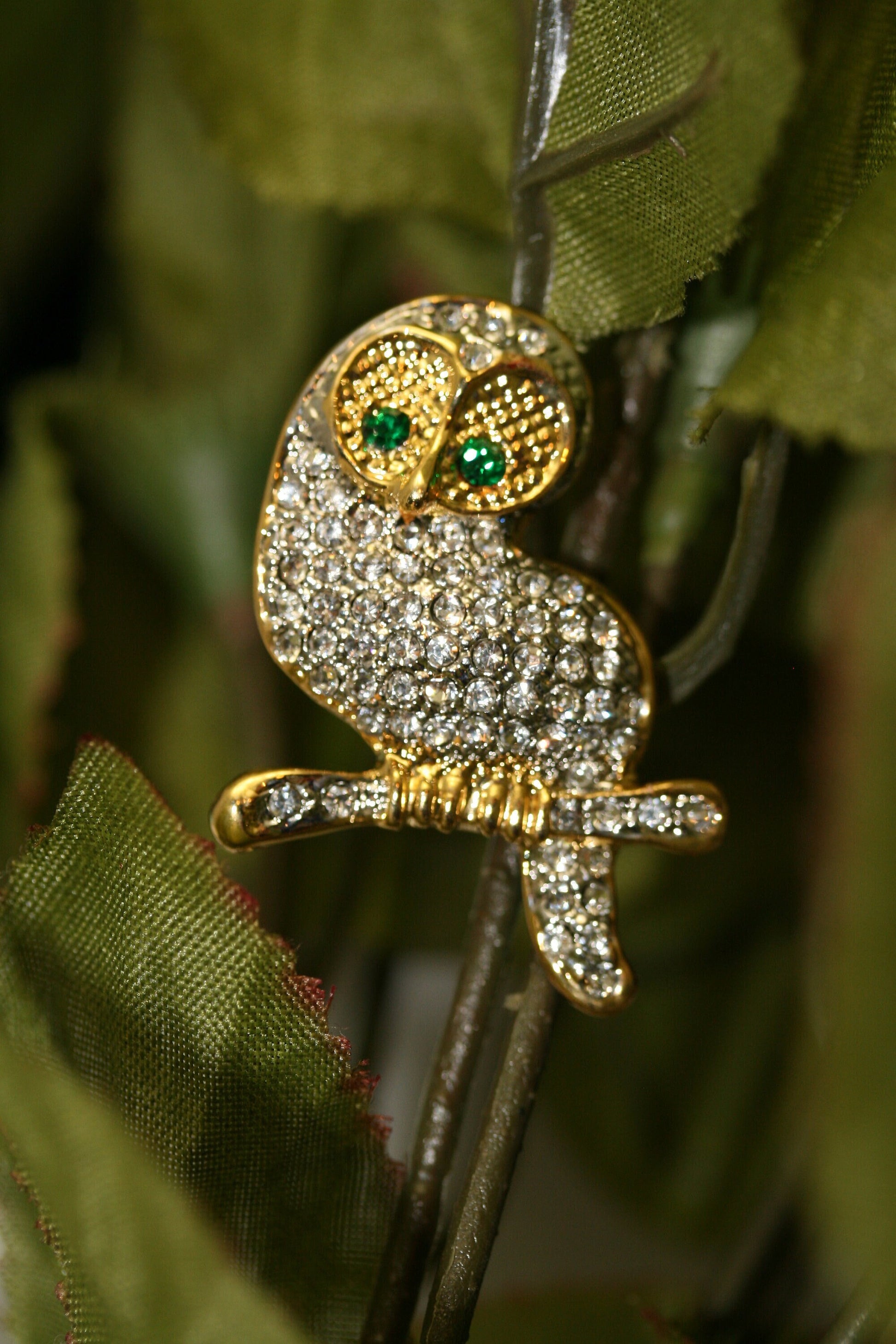 Gold Tone Owl on Branch Rhinestone Pave Brooch Pin
