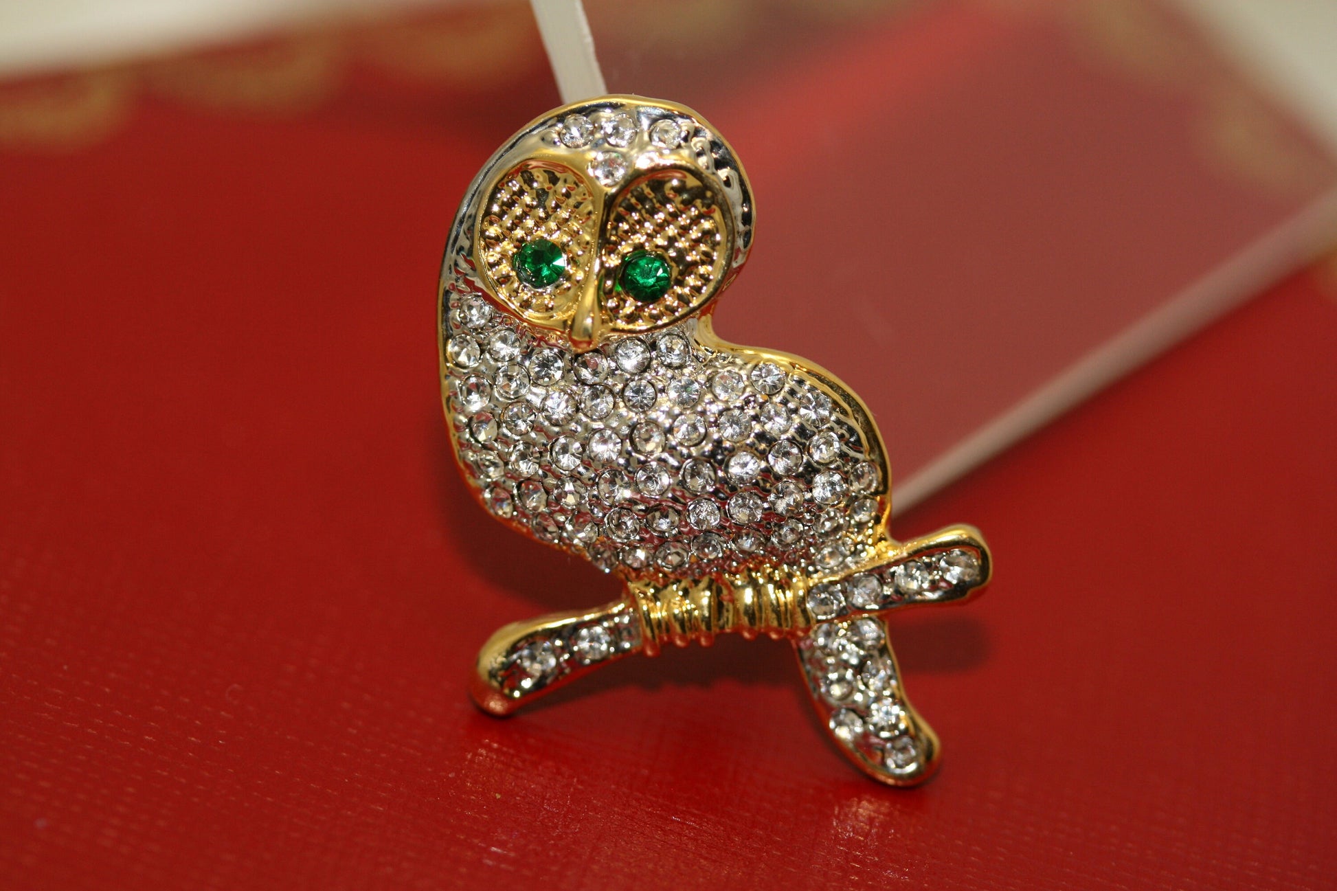 Gold Tone Owl on Branch Rhinestone Pave Brooch Pin