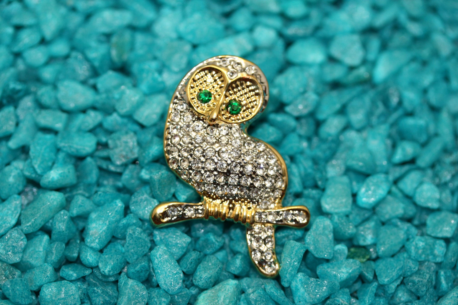 Gold Tone Owl on Branch Rhinestone Pave Brooch Pin