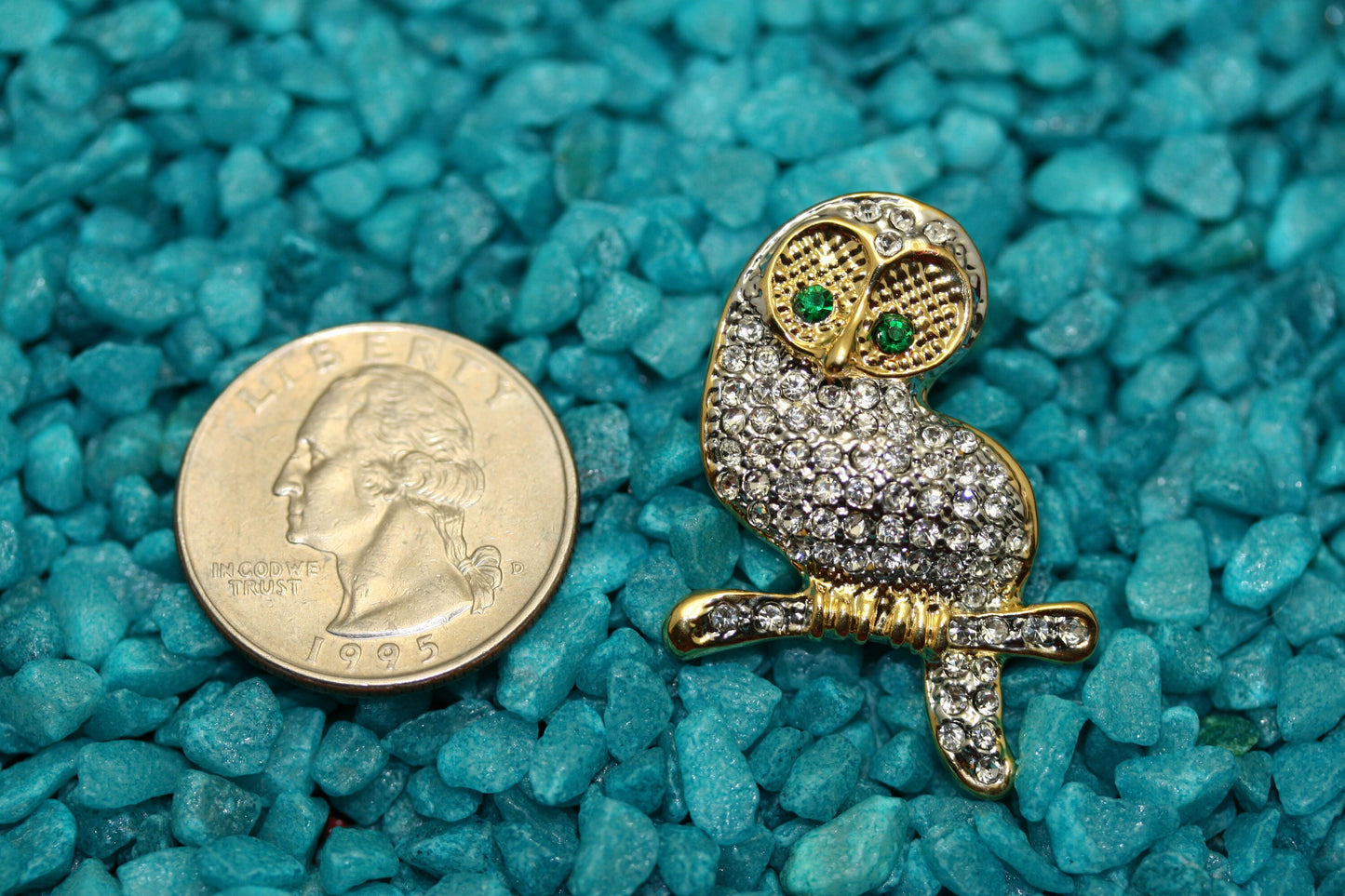 Gold Tone Owl on Branch Rhinestone Pave Brooch Pin