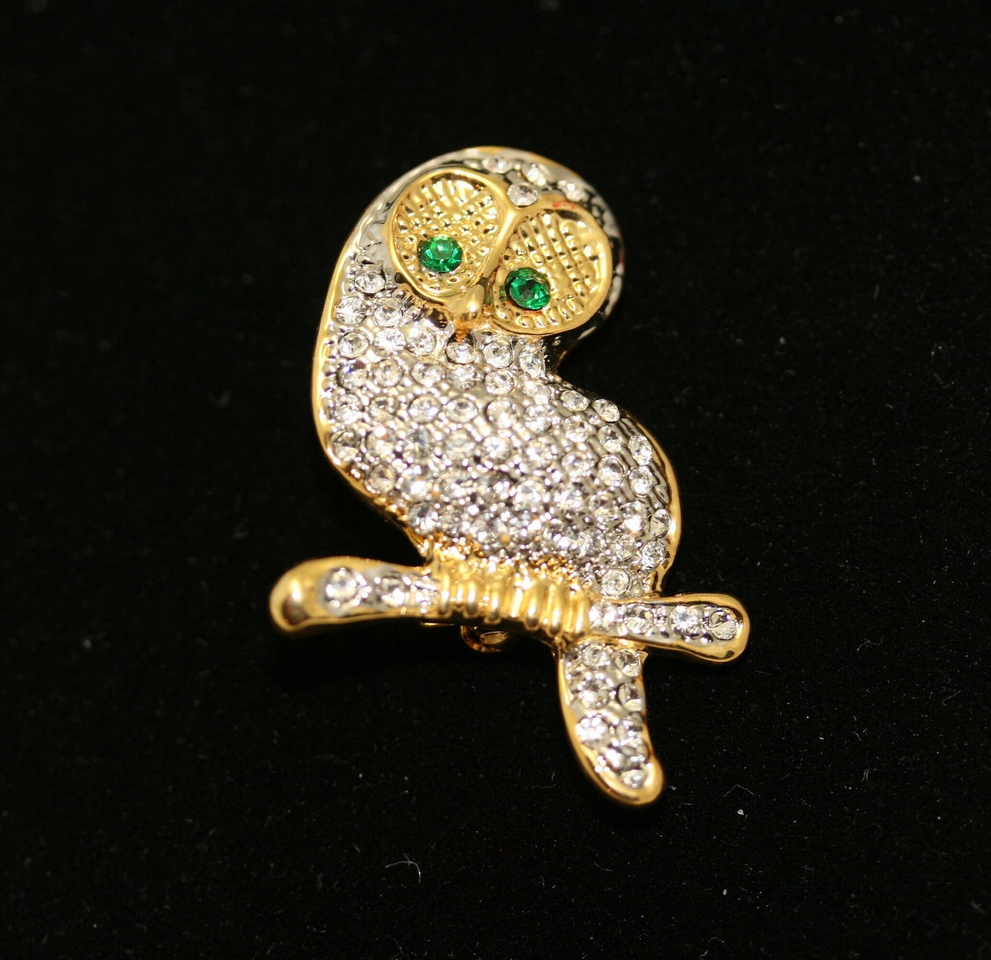 Gold Tone Owl on Branch Rhinestone Pave Brooch Pin