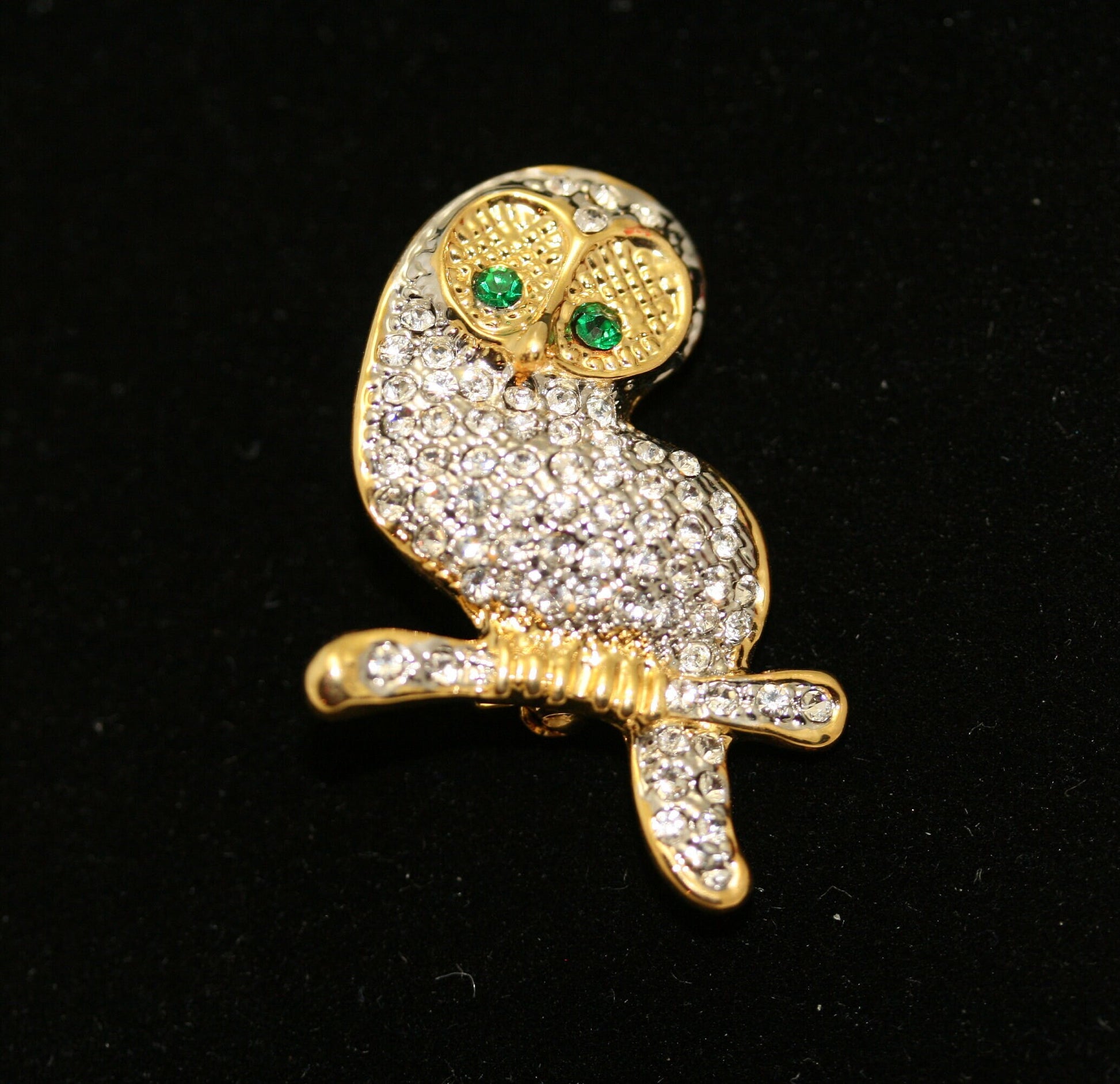 Gold Tone Owl on Branch Rhinestone Pave Brooch Pin