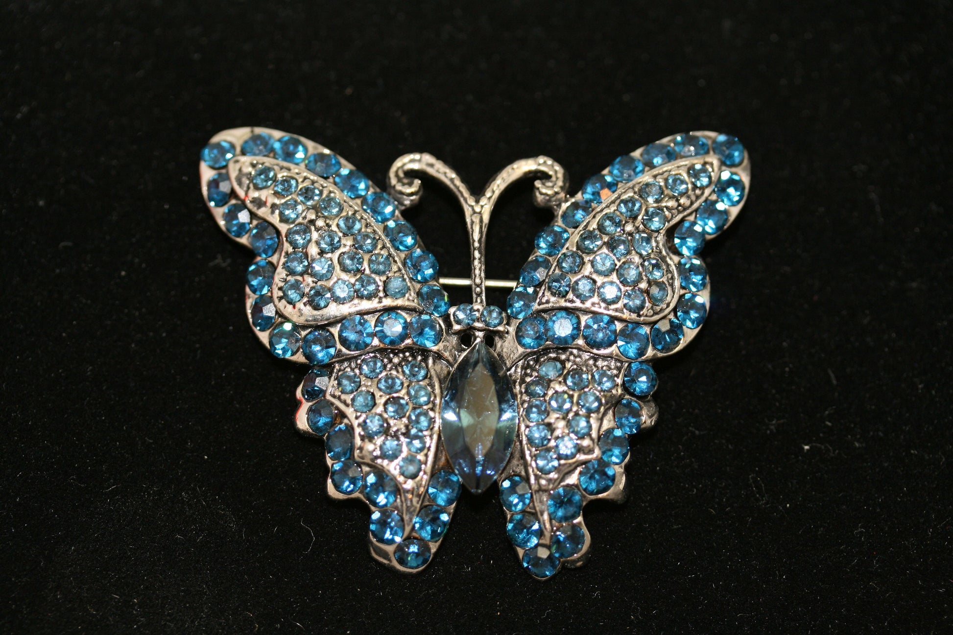 Vintage Crystal Rhinestone Antique Tone Butterfly Brooch Pin, Blue Butterfly Jewelry Gift