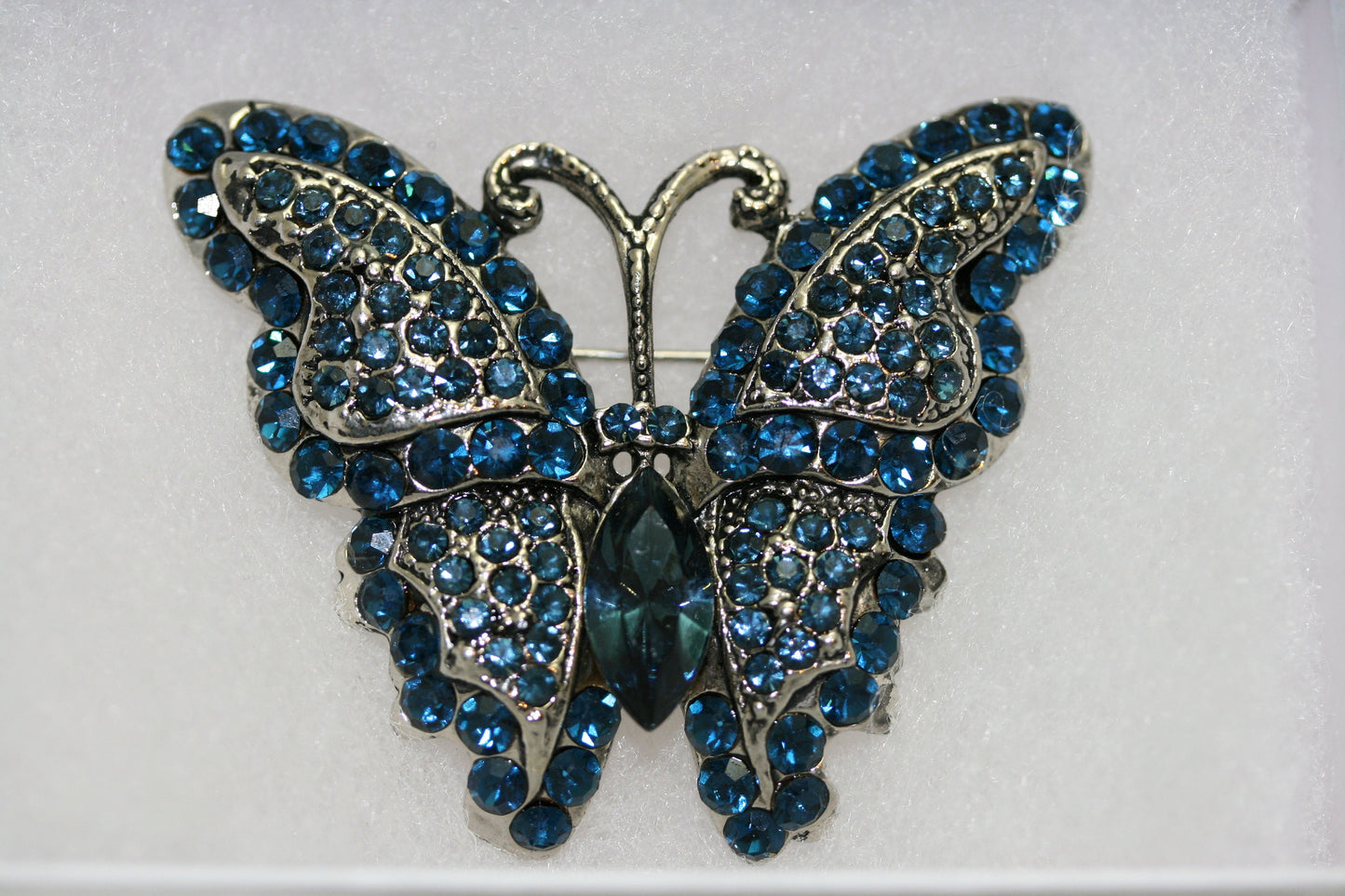 Vintage Crystal Rhinestone Antique Tone Butterfly Brooch Pin, Blue Butterfly Jewelry Gift