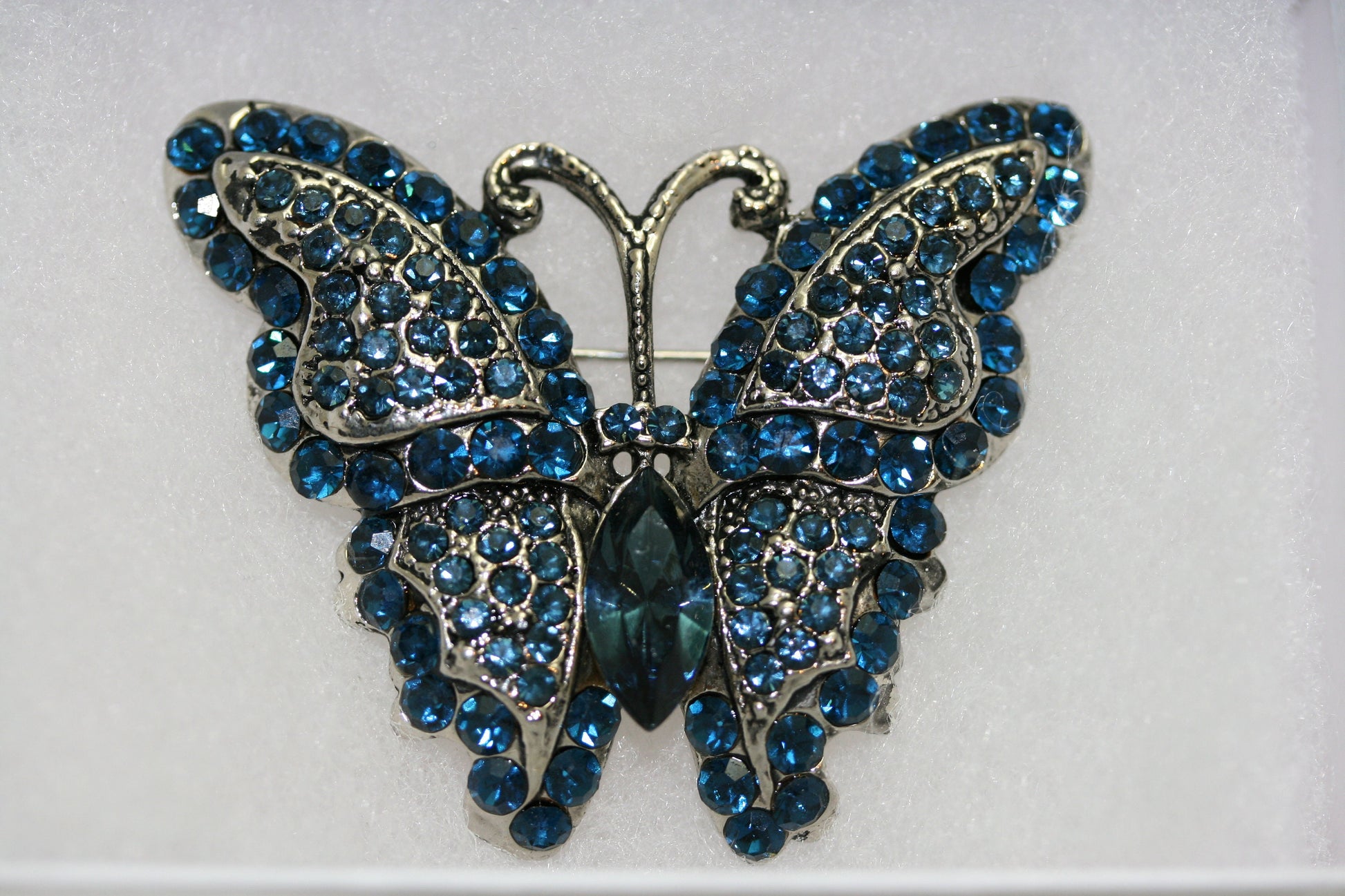 Vintage Crystal Rhinestone Antique Tone Butterfly Brooch Pin, Blue Butterfly Jewelry Gift