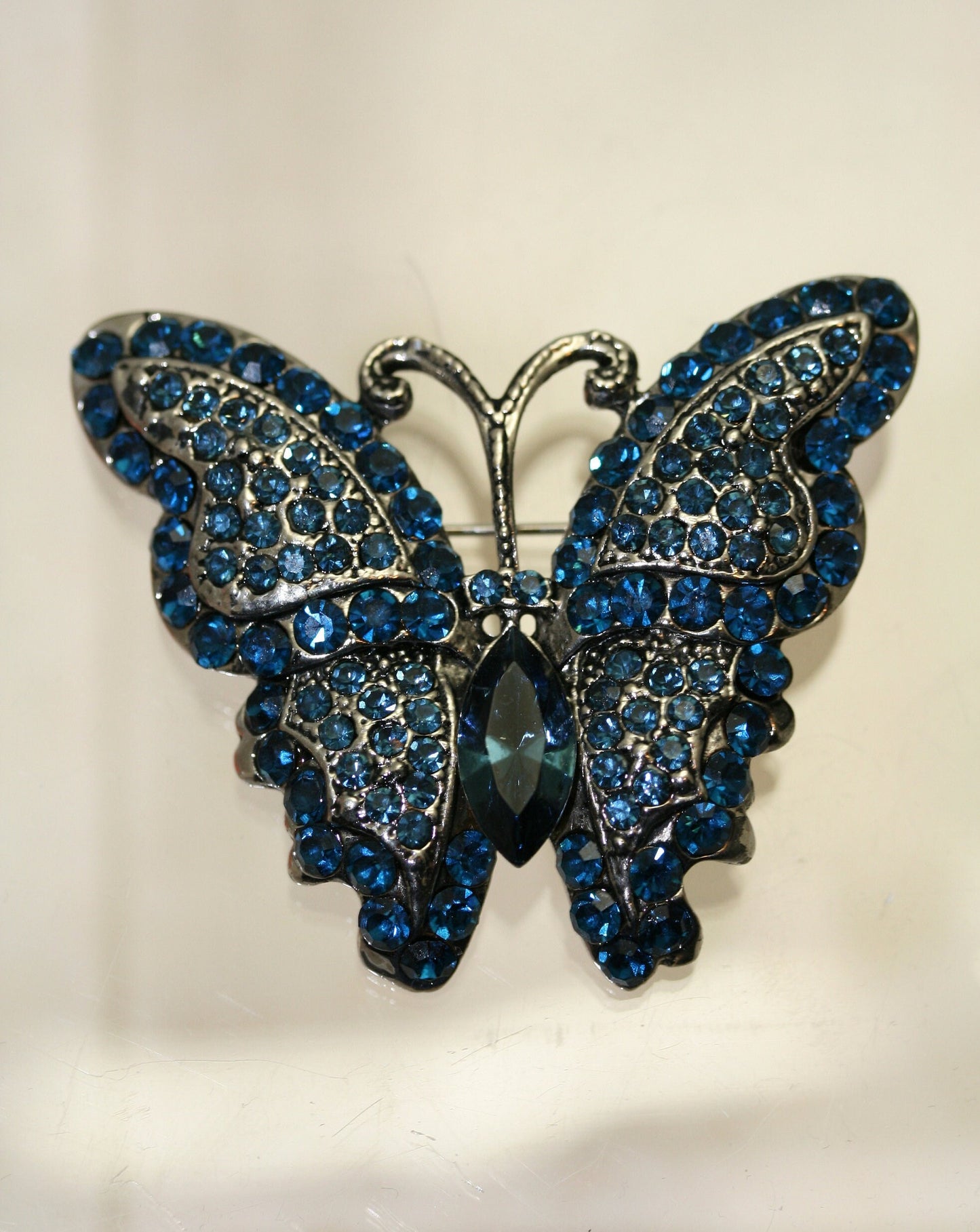 Vintage Crystal Rhinestone Antique Tone Butterfly Brooch Pin, Blue Butterfly Jewelry Gift