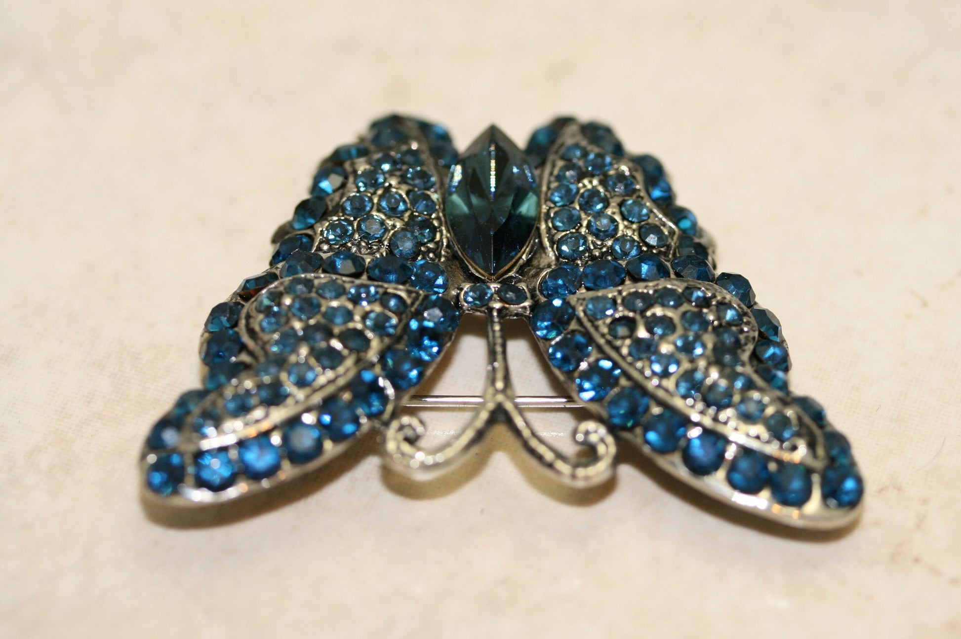 Vintage Crystal Rhinestone Antique Tone Butterfly Brooch Pin, Blue Butterfly Jewelry Gift