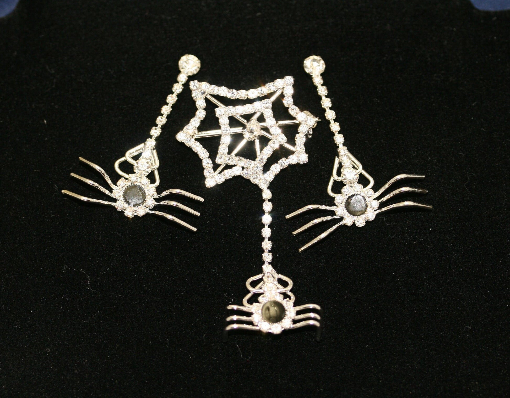 Rhinestone Spider Web Brooch Pin With Matching Earring, Crystal Halloween Jewelry Set