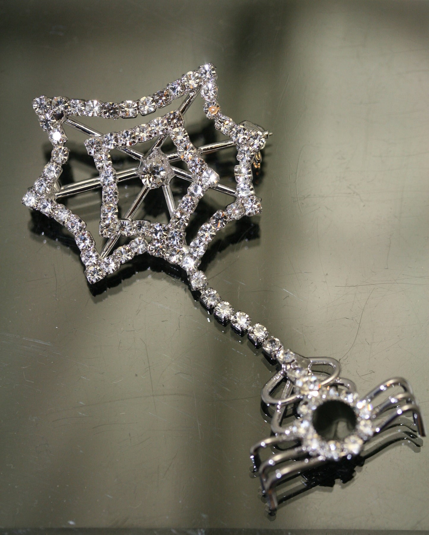 Rhinestone Spider Web Brooch Pin With Matching Earring, Crystal Halloween Jewelry Set