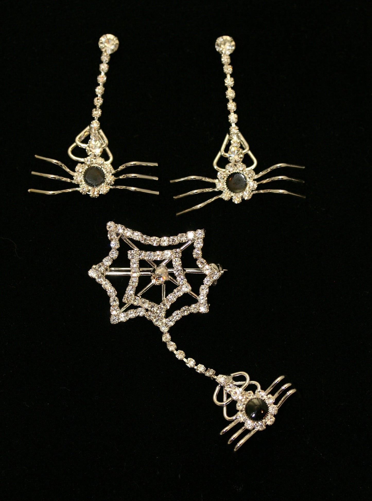 Rhinestone Spider Web Brooch Pin With Matching Earring, Crystal Halloween Jewelry Set