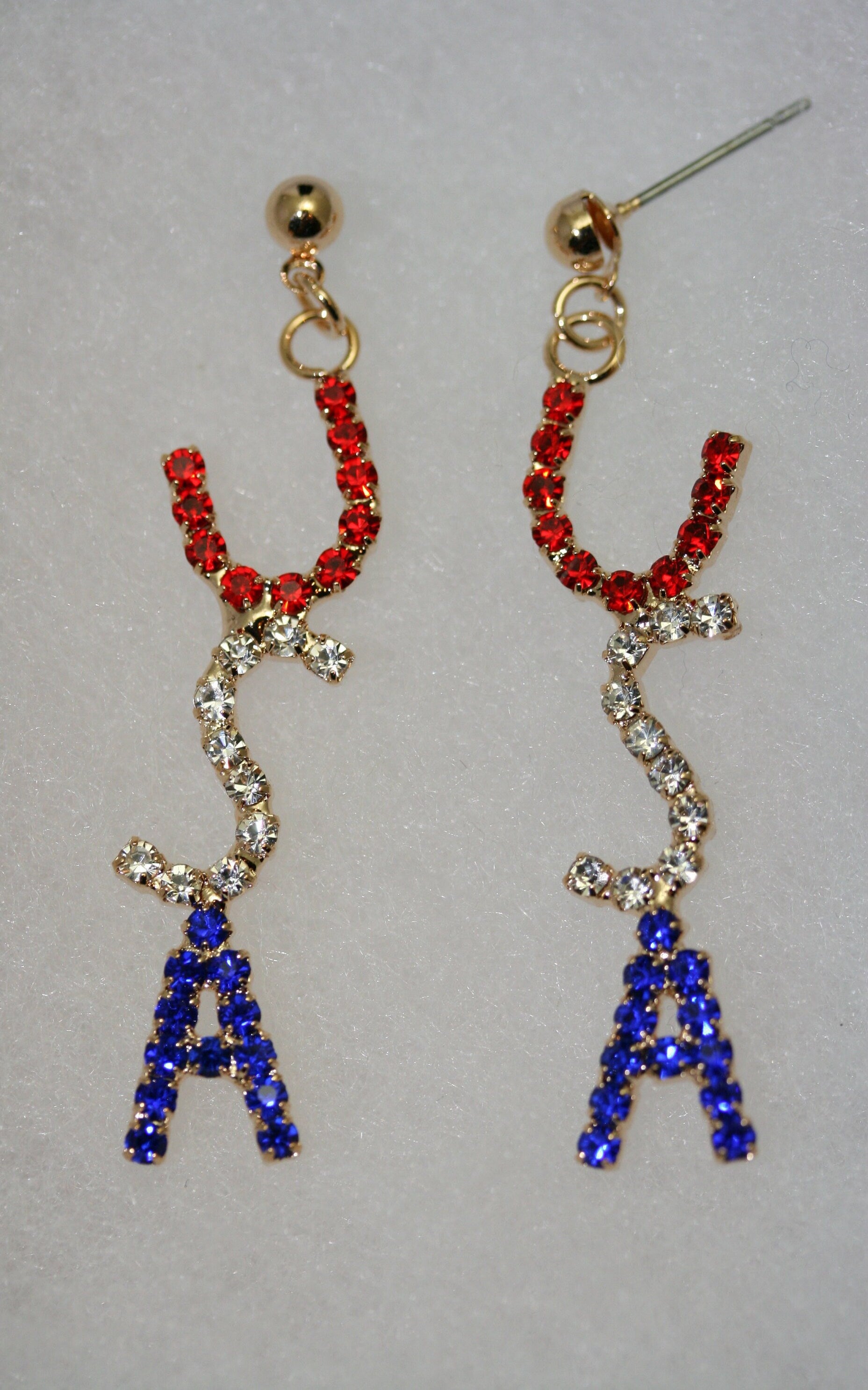 Rhinestone Patriotic Crystal USA Flag Post Dangle Earring Red White & Blue Letters