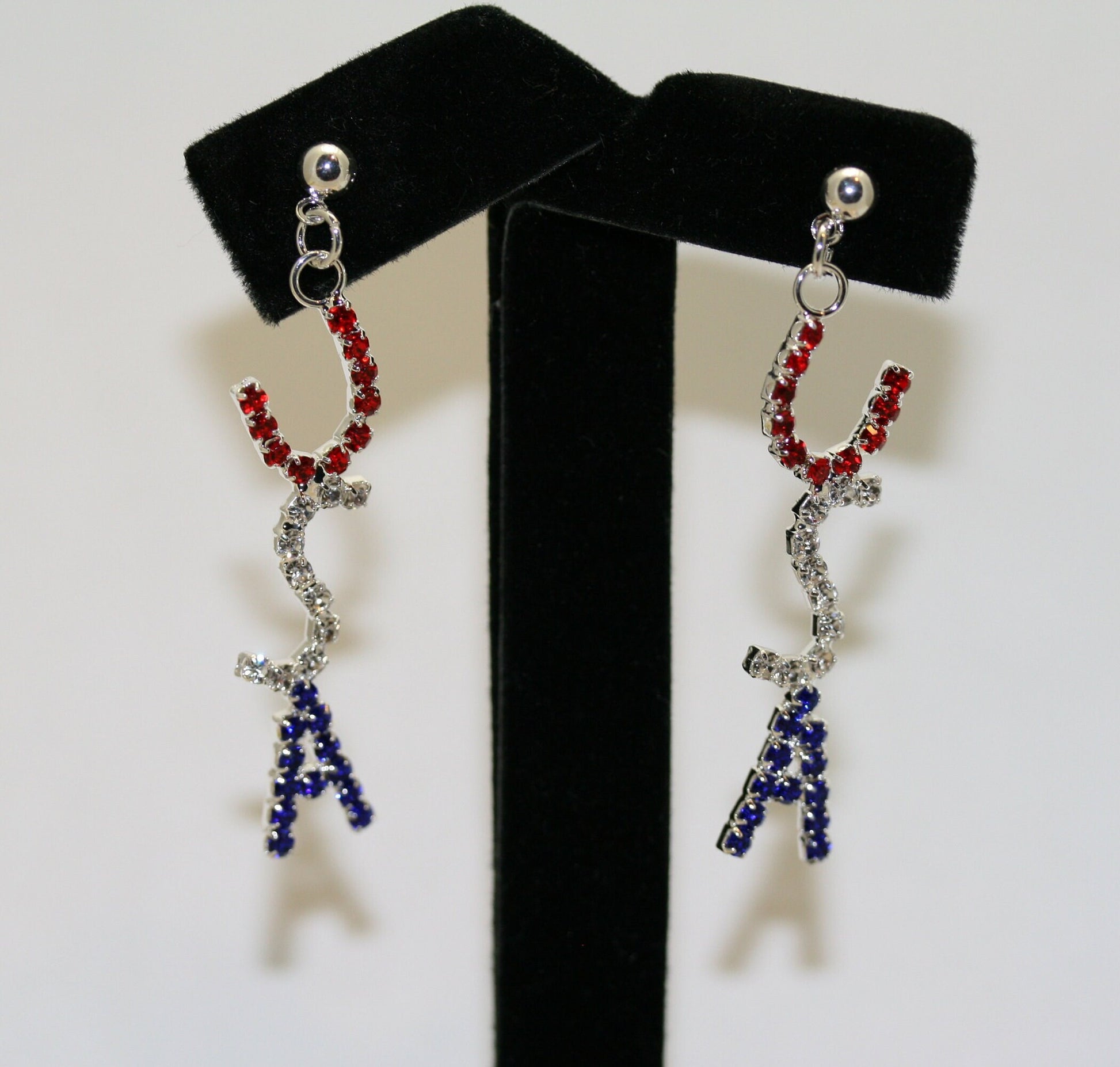 Rhinestone Patriotic Crystal USA Flag Post Dangle Earring Red White & Blue Letters
