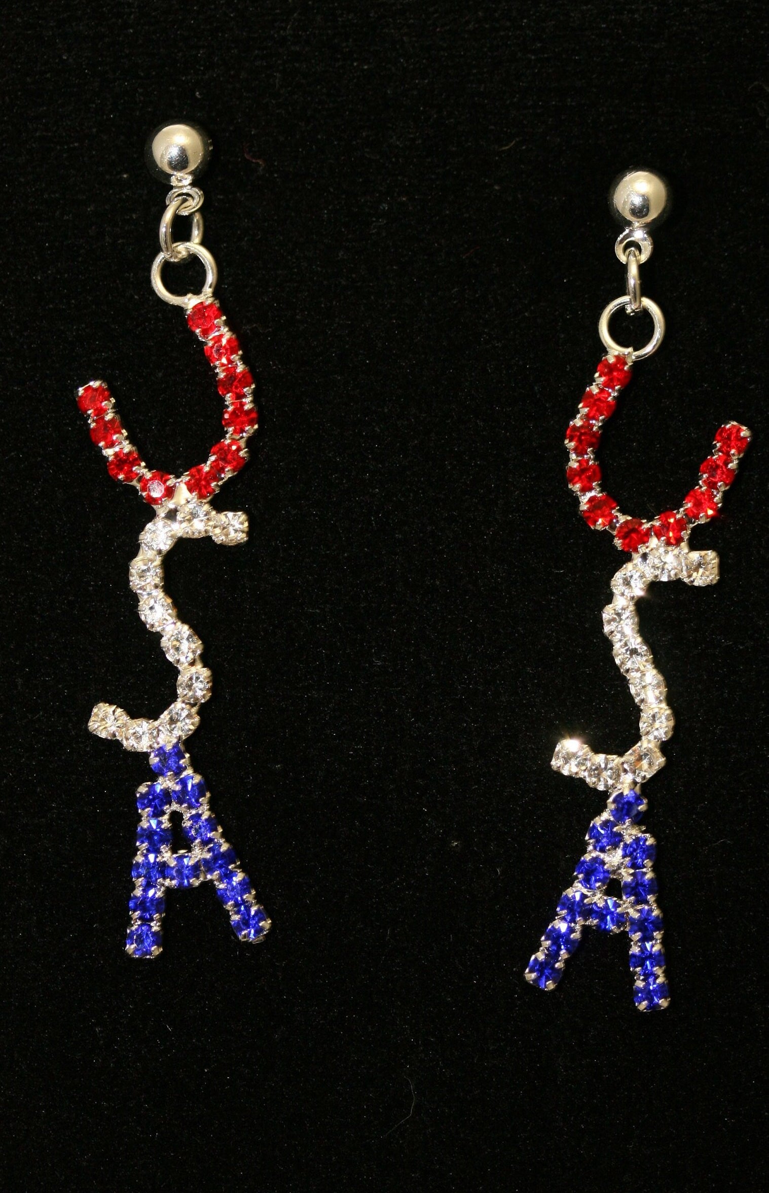 Rhinestone Patriotic Crystal USA Flag Post Dangle Earring Red White & Blue Letters