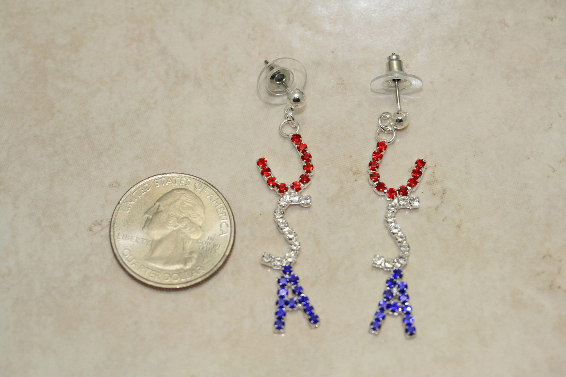 Rhinestone Patriotic Crystal USA Flag Post Dangle Earring Red White & Blue Letters