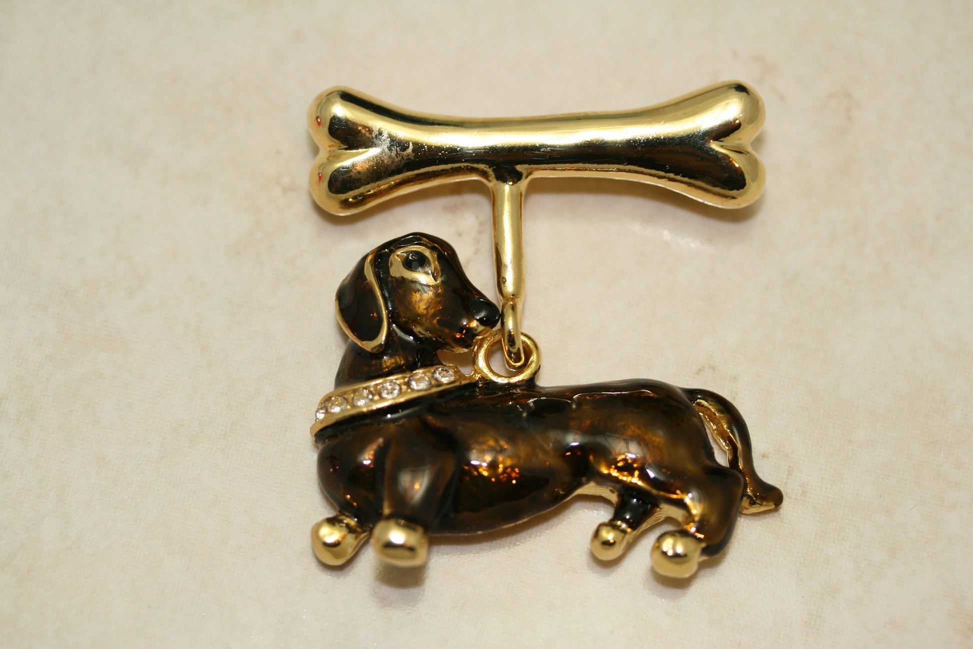 Vintage Dachshund Dog Enamel Pin Bone Wiener Rhinestone