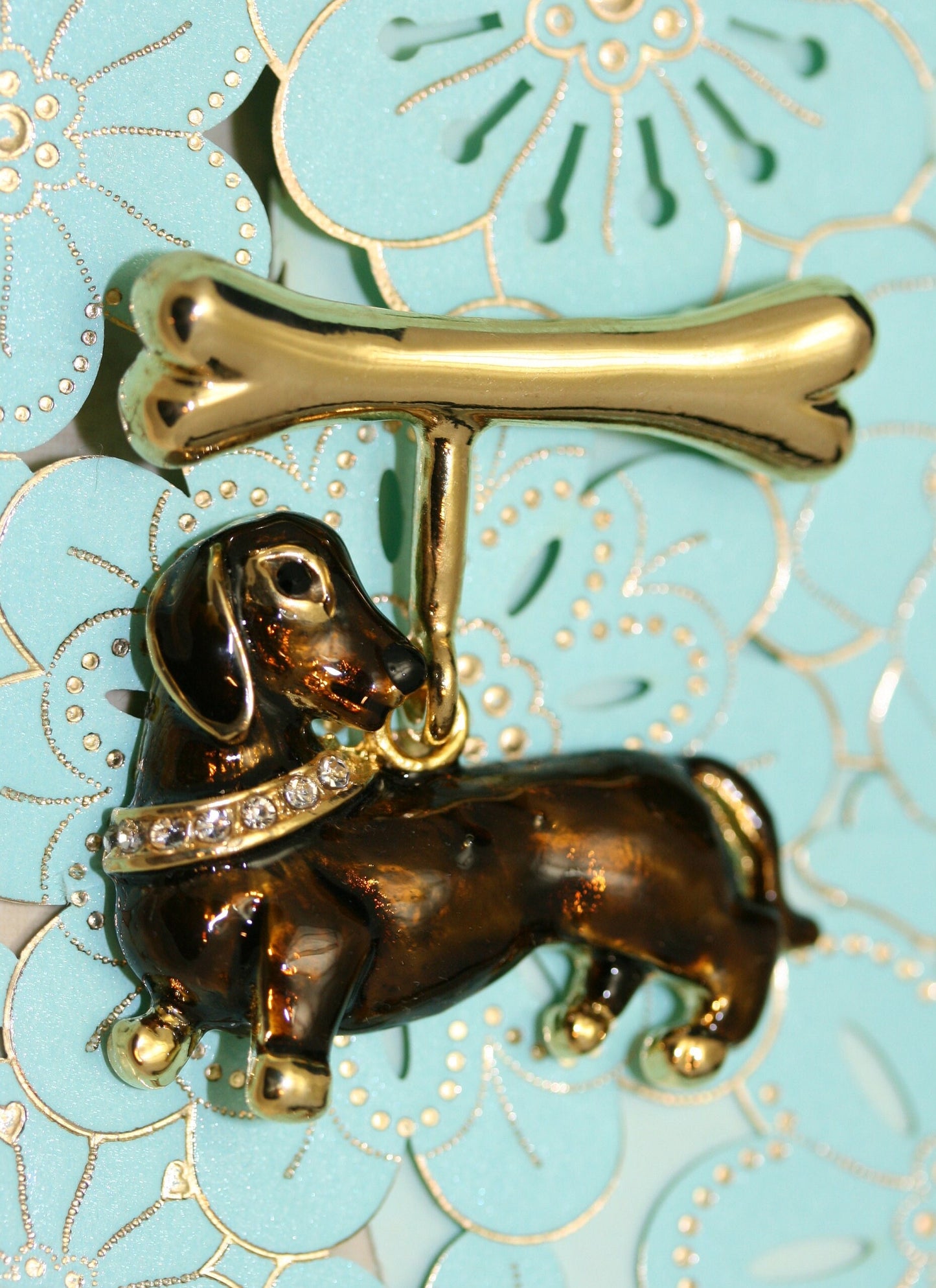 Vintage Dachshund Dog Enamel Pin Bone Wiener Rhinestone