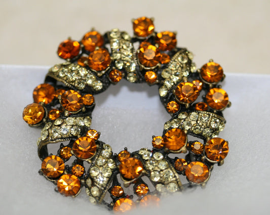 Vintage Golden Rod Citrine Colored Rhinestones Floral Leafy Wreath Brooch Pin and Pendant