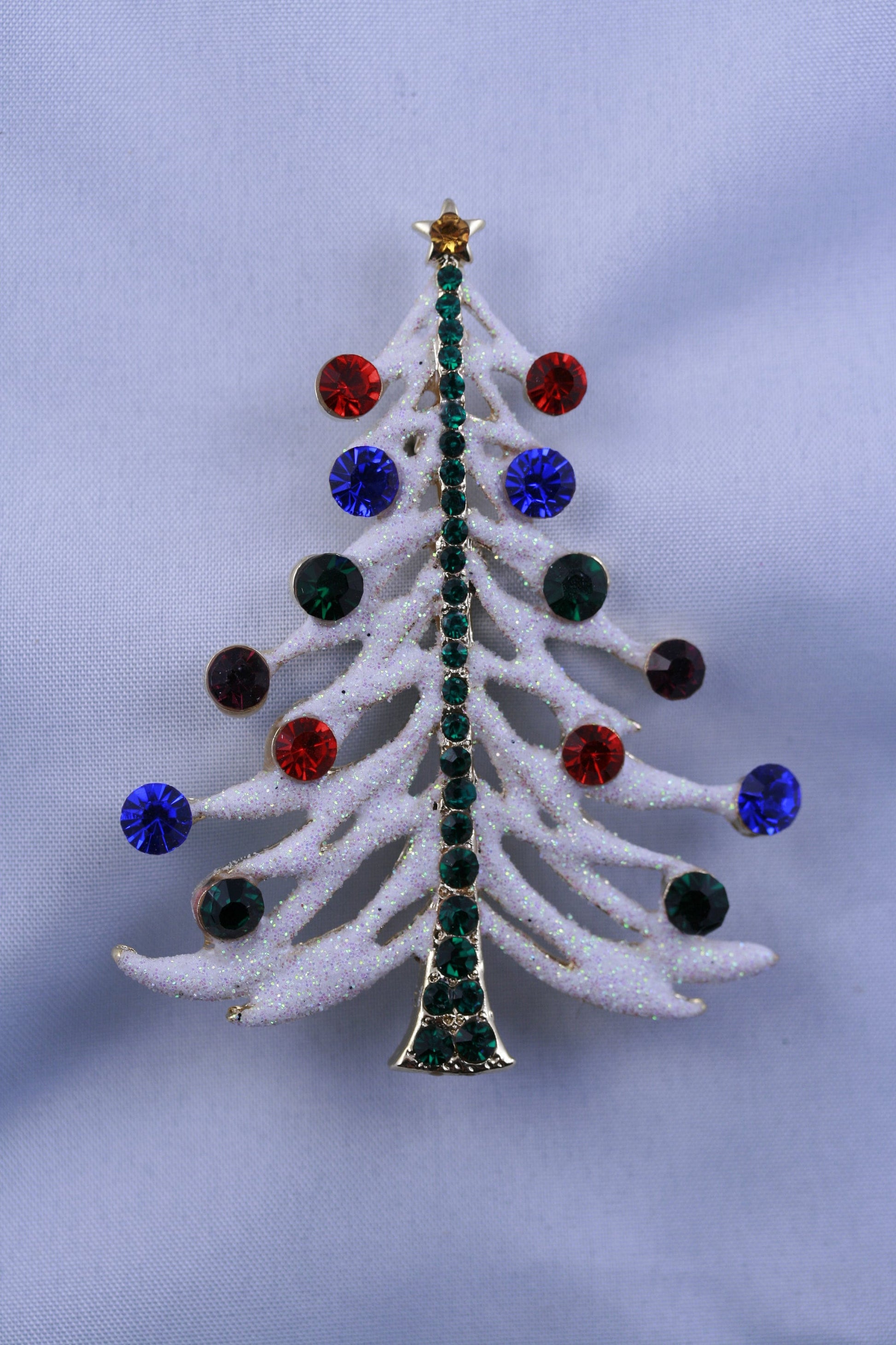 White Glitter Traditional Christmas Tree Pin Brooch With Red And Green Rhinestone