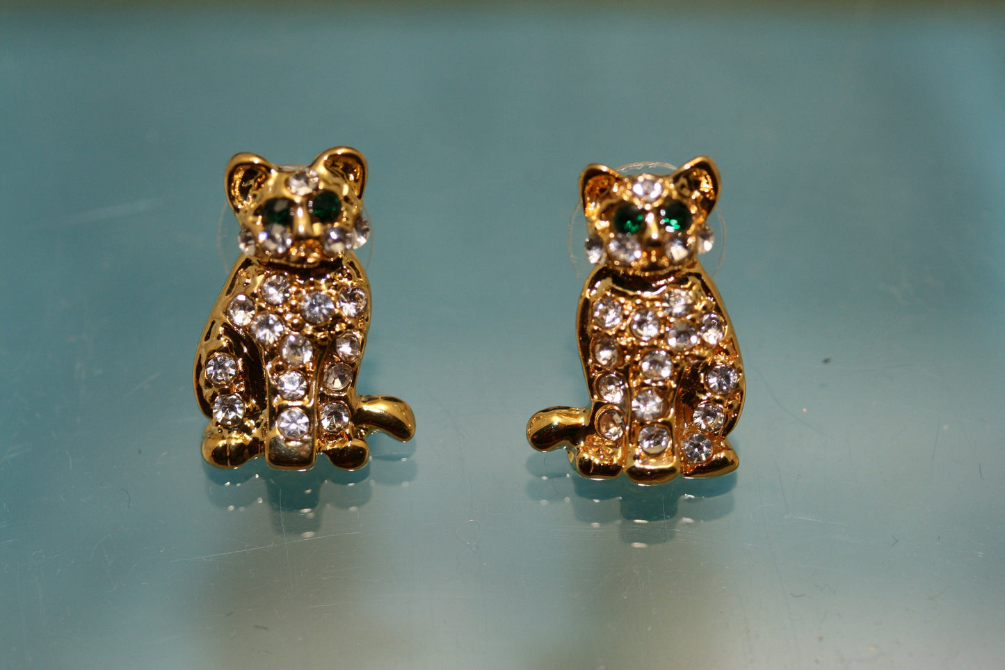 Rhinestones Gold-Tone Cat Brooch, Pin & Post Earring Set, Crystal Cat Pin Brooch, Cat Earrings.