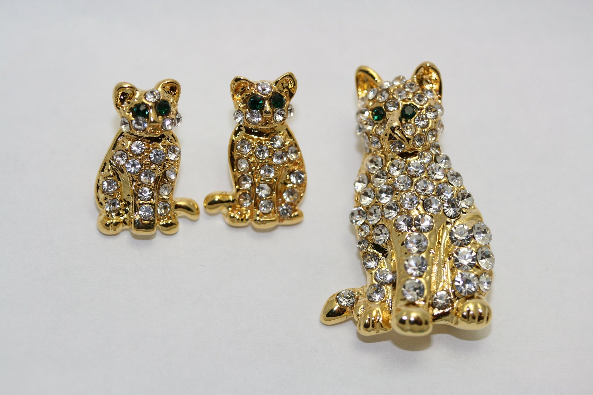 Rhinestones Gold-Tone Cat Brooch, Pin & Post Earring Set, Crystal Cat Pin Brooch, Cat Earrings.